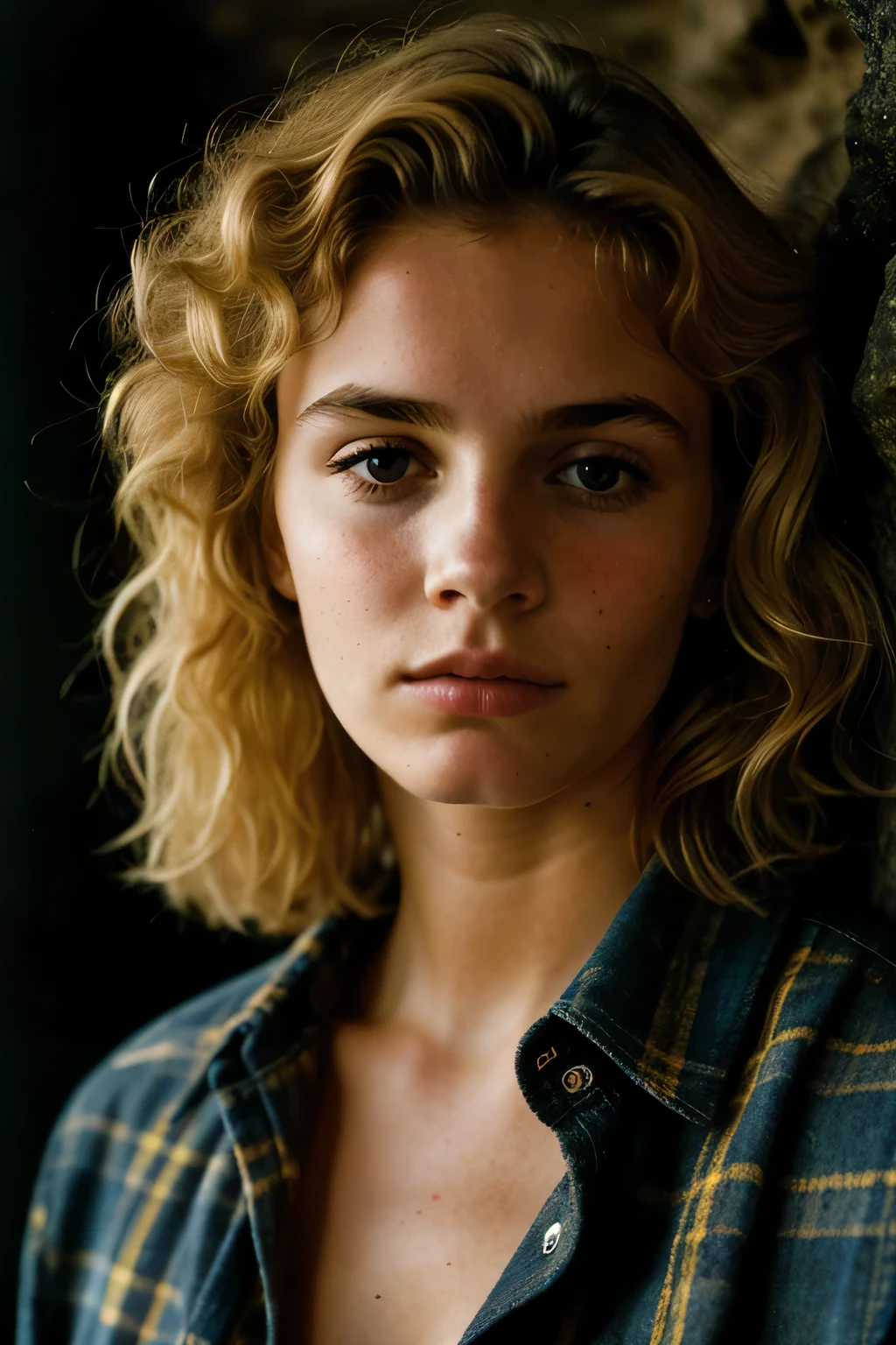 photograph of a woman, (troubled facial expression), textured skin, goosebumps, blonde afro hair, plaid flannel shirt with distressed boyfriend jeans, cowboy shot, dark and mysterious cave with unique rock formations and hidden wonders, perfect eyes, (candlelight,chiaroscuro), Porta 160 color, shot on ARRI ALEXA 65, bokeh, sharp focus on subject, shot by Don McCullin
