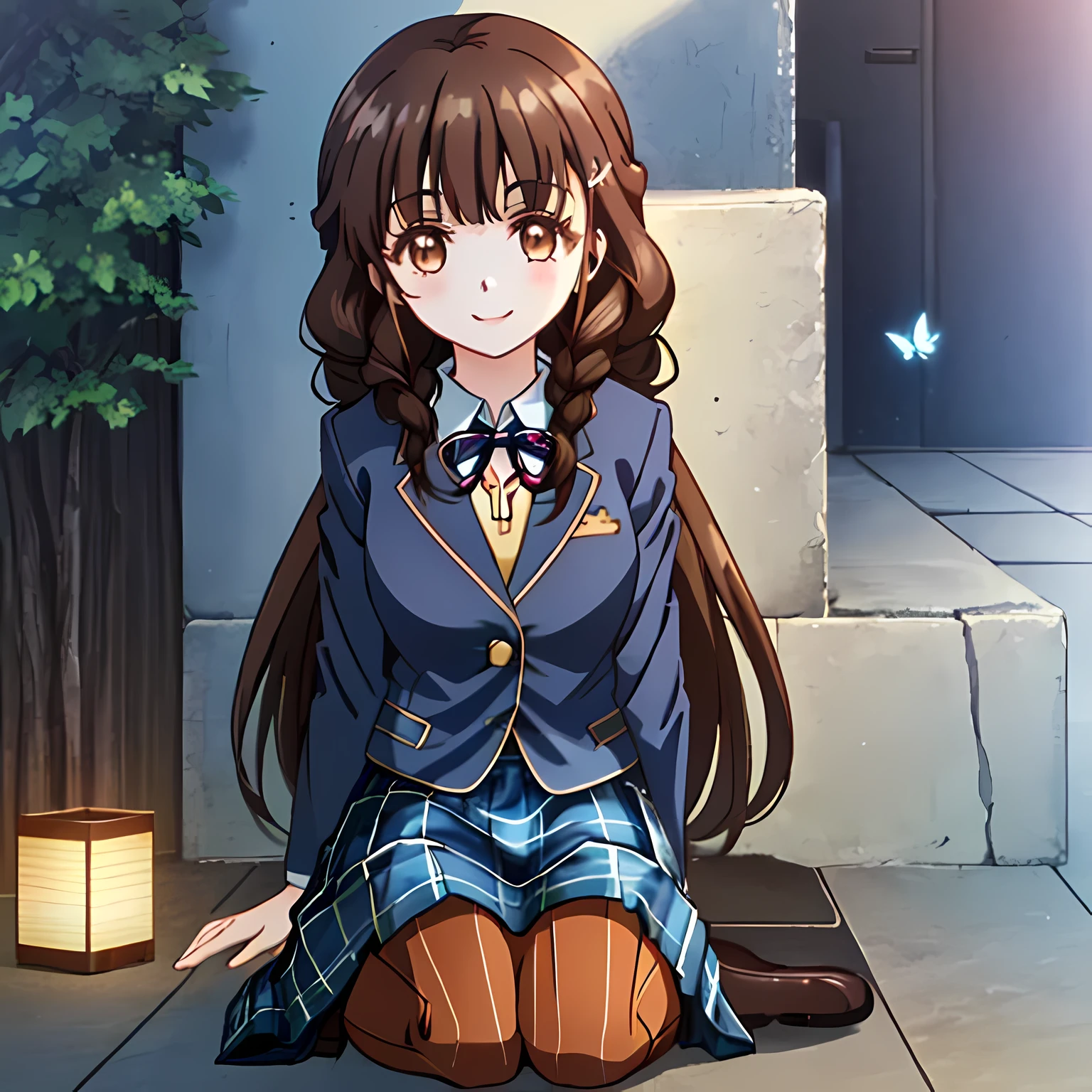 highest quality, (masterpiece:1.2), High resolution, perfect pixel, very detailed,thin and sharp lines, ((smooth texture:1.2, Anime CG style)), only one girl, The girl is looking at the viewer and smiling, glossy lips, nice smile, big brown eyes, (((dark brown hair))), 15 years old, long braids, big shiny hair clip, , ((Light dark blue blazer with golden emblem on the left chest)), ((Japanese style school butterfly ribbon with large navy blue stripes on the chest)), very shiny hair、laughter、bright look、Both face and hair catch the light and shine, The corners of the eyes are drooping, Cute braids, (((Dark brown tightly braided hairstyle))), ((((dark blue & Deep navy tartan check middle long skirt)))), A gentle and cute expression staring at the viewer, ((long eyelashes)), round face, the skirt is very cute, brown leather shoes, white socks