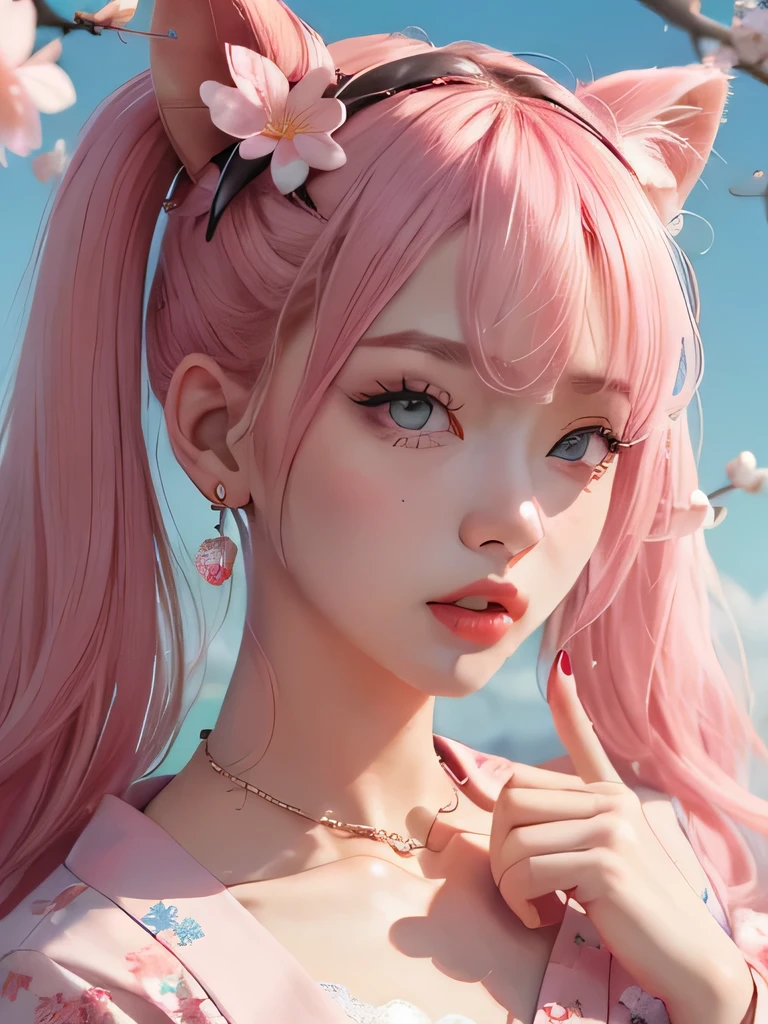 she is the cherry blossom spirit、pink eyes、pink hair、close up of face、pink eyebrows、pink teeth、pink fang、big ears、cherry blossom hair ornament、cherry blossom necklace、Cherry earrings、beautiful clavicle、twin tails、deep pink eyes、pink kimono showing collarbone、cherry blossom fairy、wing、cherry blossom background、blue sky background、red eyes、Cherry Headband、she is a pink fairy、妖精のwing根、stern look、expression of anger、