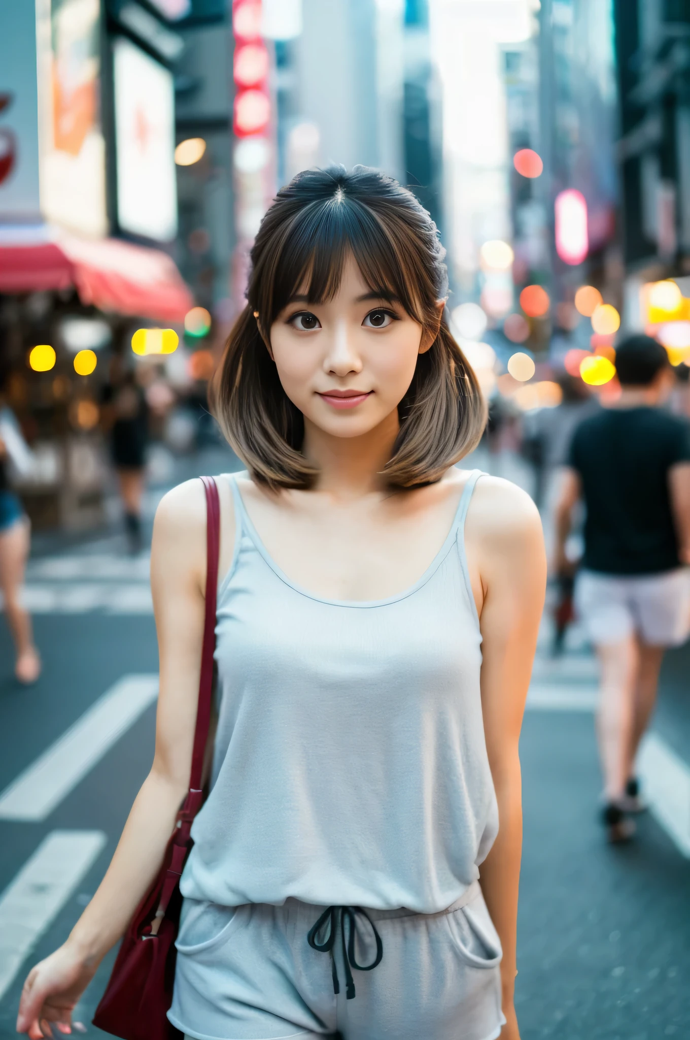 Front view, straight hair, bob cut hair, ((black hair)), skinny shape, thick legs, green eyes, standing , tokyo, night city lights, skirt, eyes front view, huge lips, ((pink top)), ((big eyes)), big lips , wide hips, tiny nose, ((perfect face)), perfect skin, ((beautiful smile))
