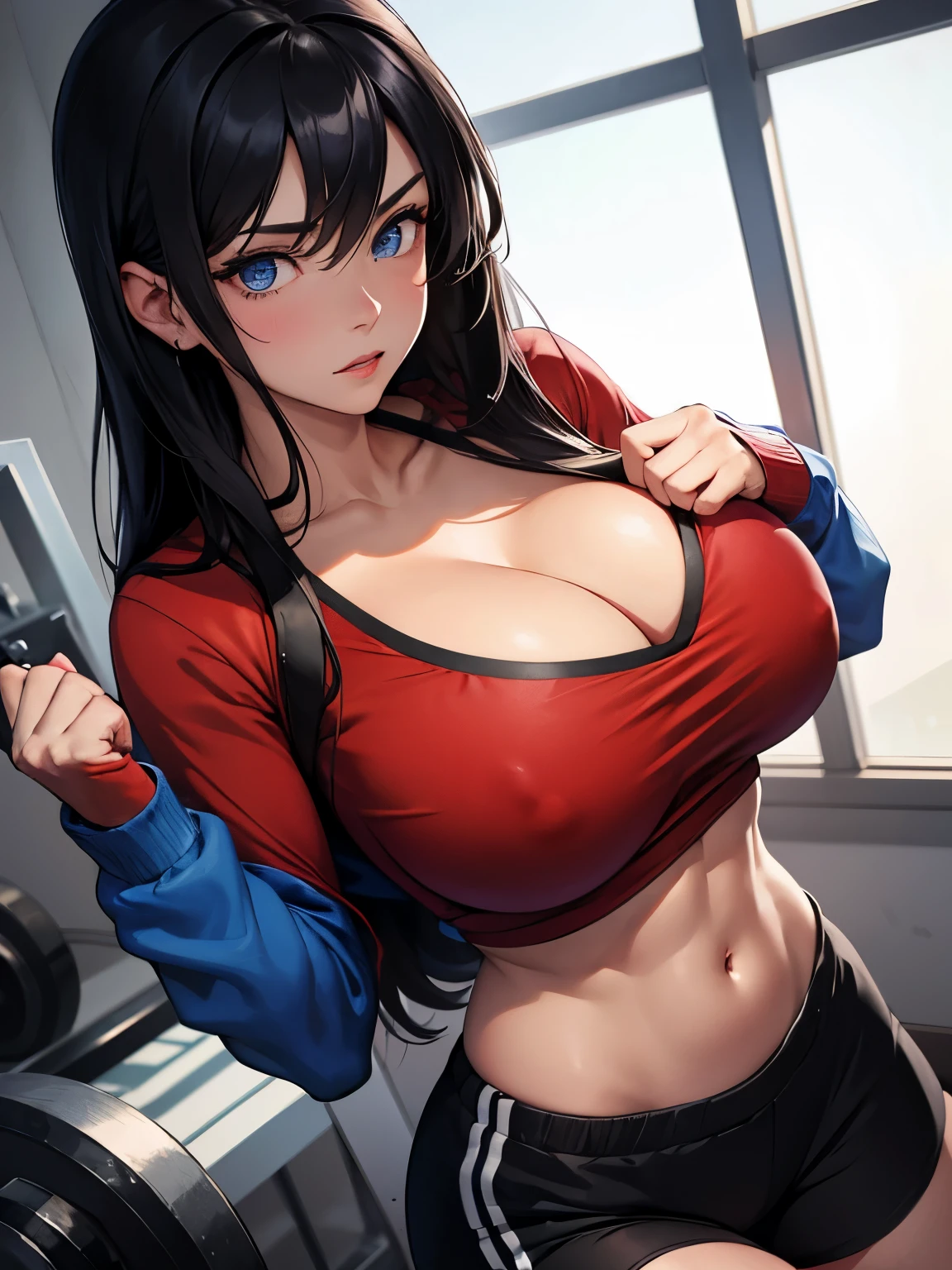 girl, in the gym, (huge breasts), long black hair, blue eyes, Red sweatshirt, shorts, cleavage, (abdominal muscles)