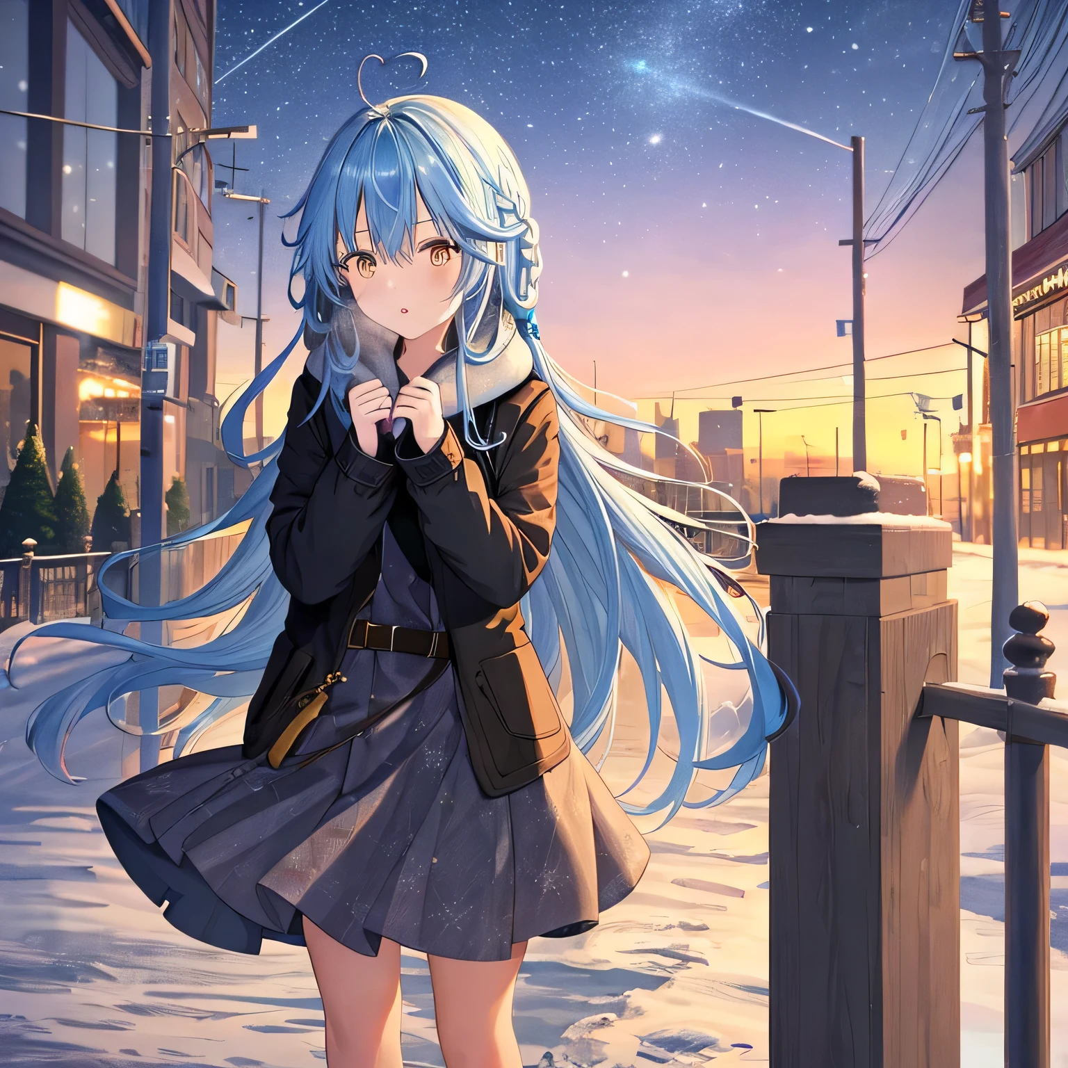 masterpiece, best quality, highres, 1girl, long hair, streaked hair, ahoge, hair ornament, ((cold weather clothes)), snowing, city, outdoors, night, movie poster, extremely detailed 8K, smooth, high resolution, ultra quality, cinematic lighting, ambient occlusion, hd, 2k, 4k, 8k, 16k, extremely detailed anime, detailed faces, perfect composition, wide shot, atmospheric lighting, 