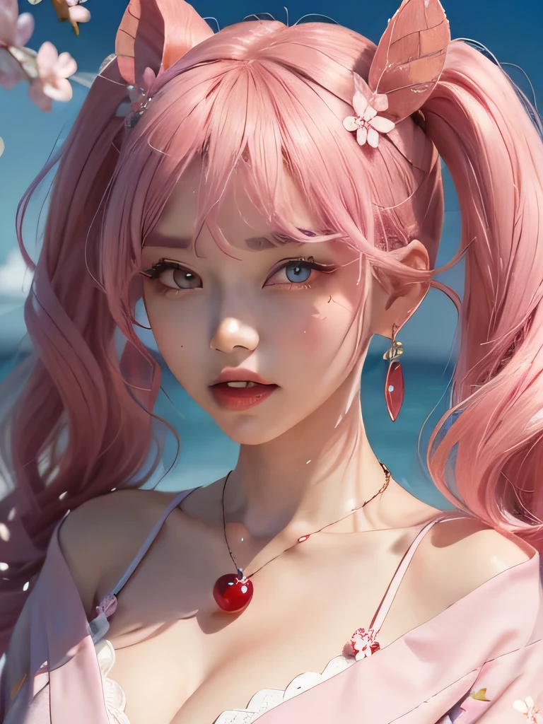 ultra-detailed, high res, masterpiece, beautiful girl, pink hair, braid hair, long hair, aqua eyes, blue sea background, shell head accessories
