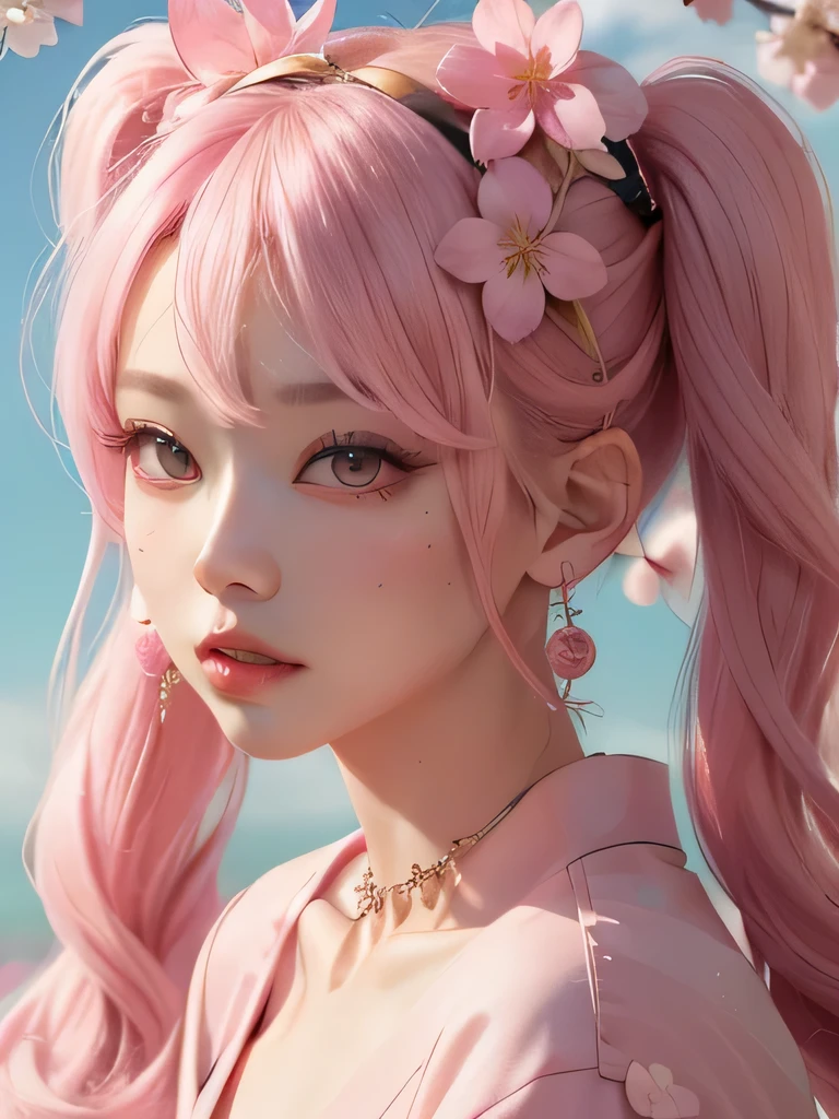 she is the cherry blossom spirit、pink eyes、pink hair、close up of face、pink eyebrows、pink teeth、pink fang、big ears、cherry blossom hair ornament、cherry blossom necklace、Cherry earrings、beautiful clavicle、twin tails、deep pink eyes、pink kimono showing collarbone、cherry blossom fairy、wing、cherry blossom background、blue sky background、red eyes、Cherry Headband、she is a pink fairy、妖精のwing根、stern look、expression of anger、