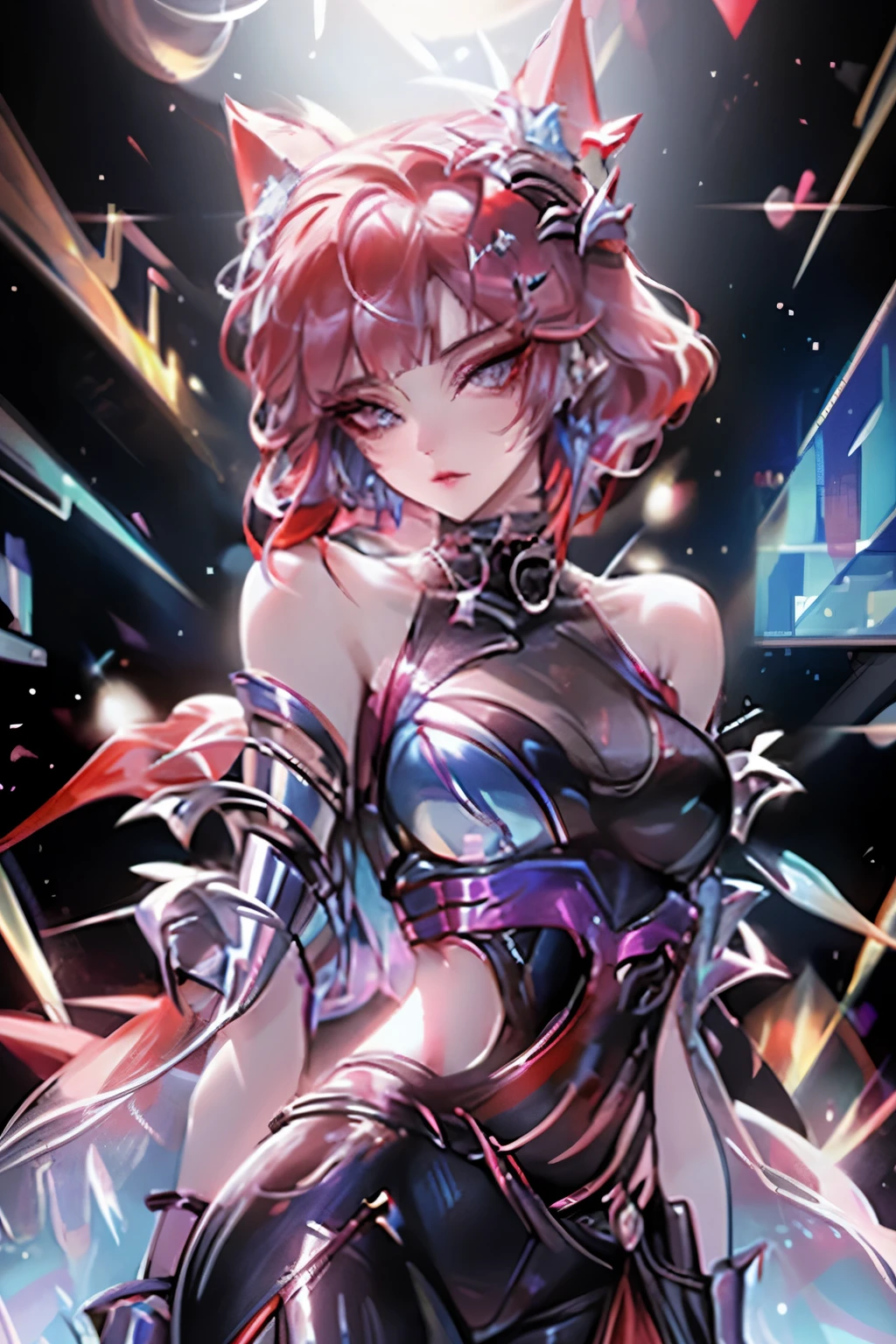 cyberpunk边缘行者,1girl,Lucy(cyberpunk),bare shoulders,blue eyes,looking at the audience,Off the shoulders夹克,Off the shoulders,red eyeliner,short hair,