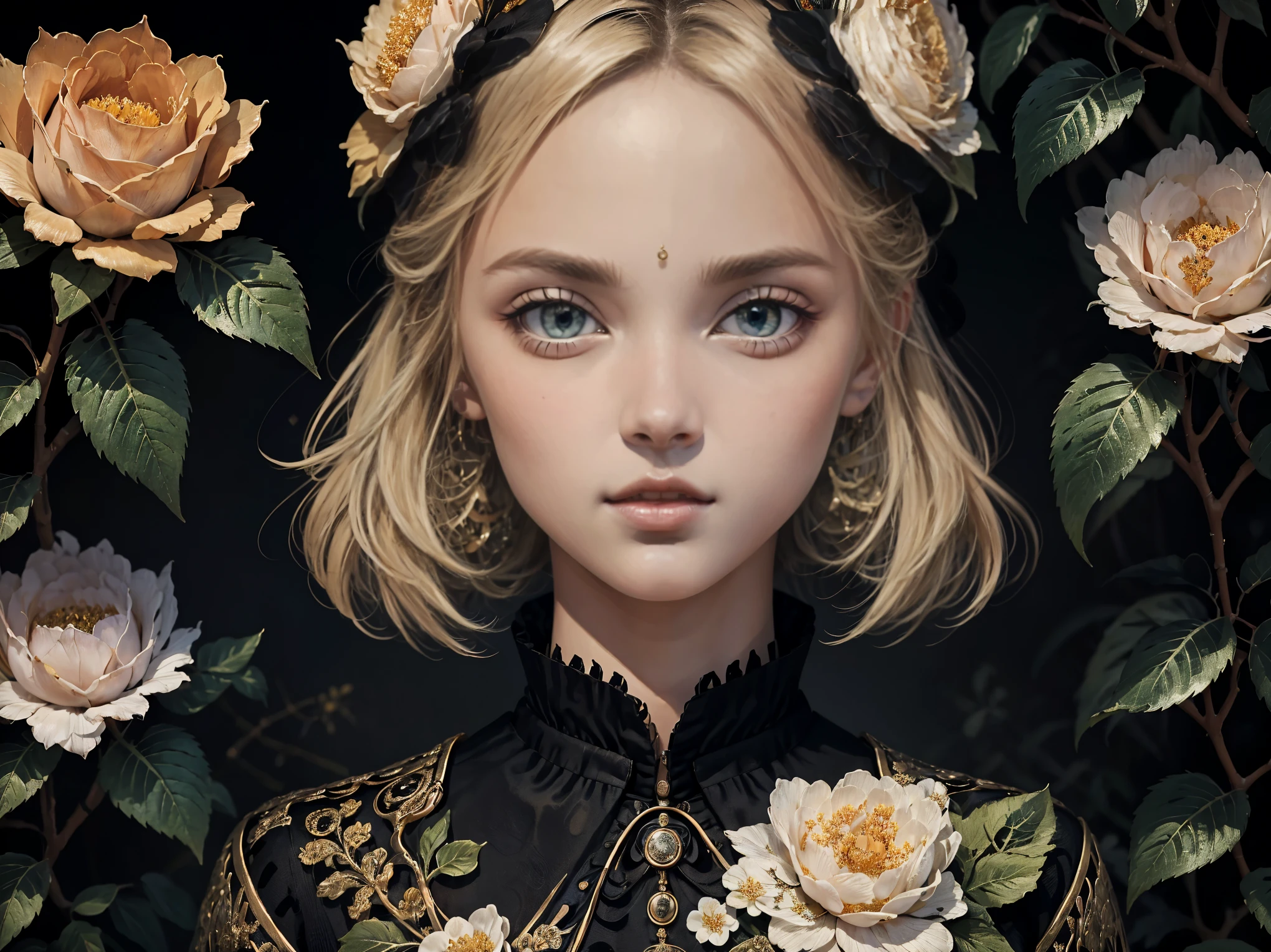 highest quality, 4k wallpaper, masterpiece, Highly detailed CG wallpaper unit 8k, very fine eyes, Super detailed, intricate details, jppop art style, 1 girl, blonde, look towards the viewer, Outdoor Live, black rose garden, Pure black flowers, black flower background,