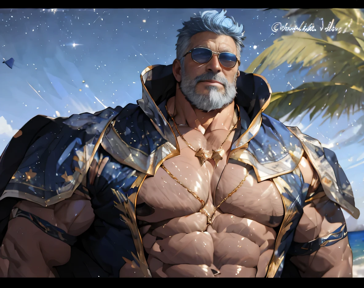 A big one, muscular old man，Sixty-five years old，Sapphire blue beach shirt，sapphire necklace，gold trim，He showed off his huge muscular chest，He showed off his great pecs，Energetic，Behind him is the brilliant starry sky ，He showed off his strong chest muscles，Looking to the future，pornography，Sexy