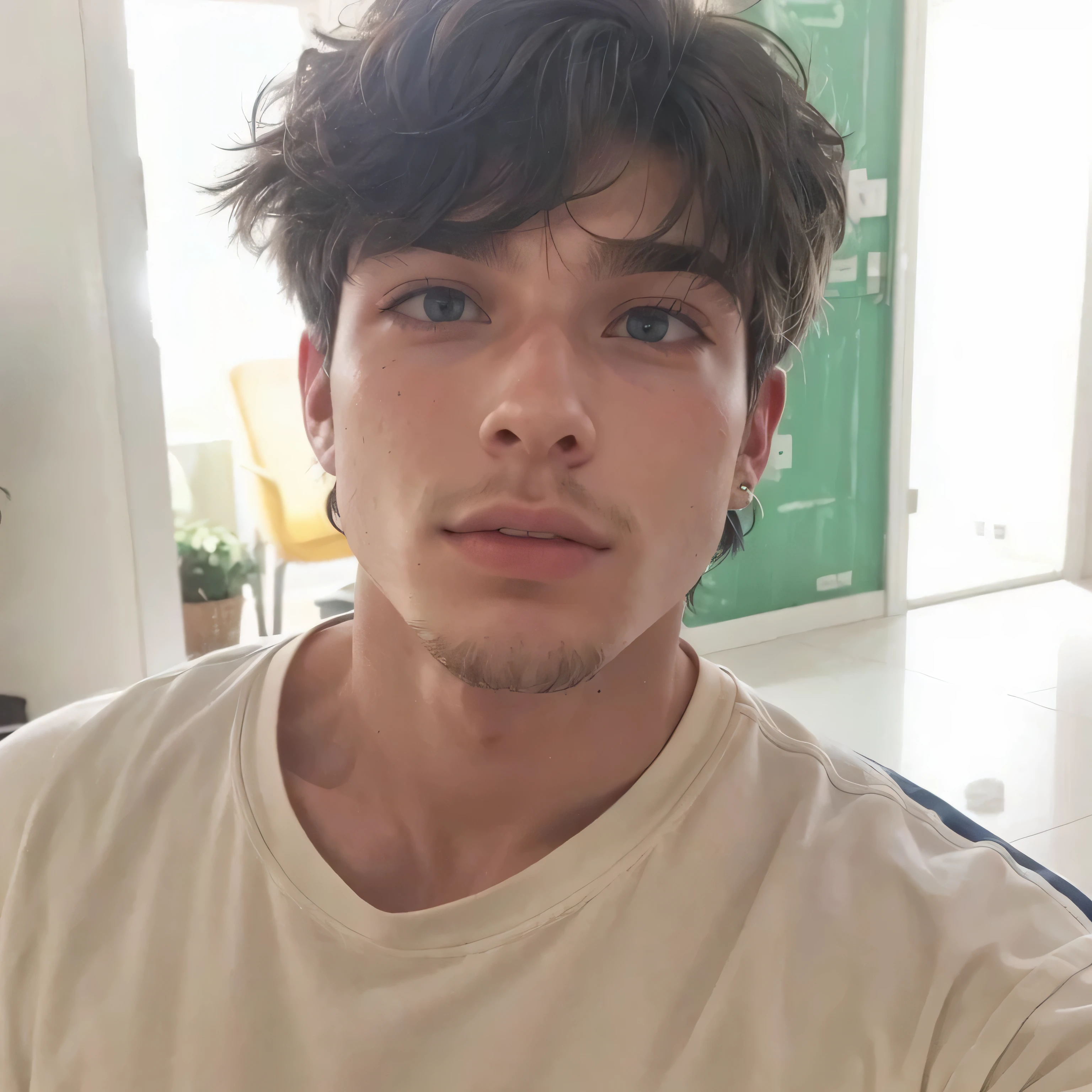 nervous man with messy haircut and piercings in a living room, inspired by John Lucas, headshot imagem de perfilture, ele tem cabelo castanho curto e encaracolado, taken at the beginning of 2020, Tommy 1 6 anos, imagem de perfil, imagem de perfil, Zac Retz, imagem de perfil, chad, 18 anos de idade, his hair is messy and wild