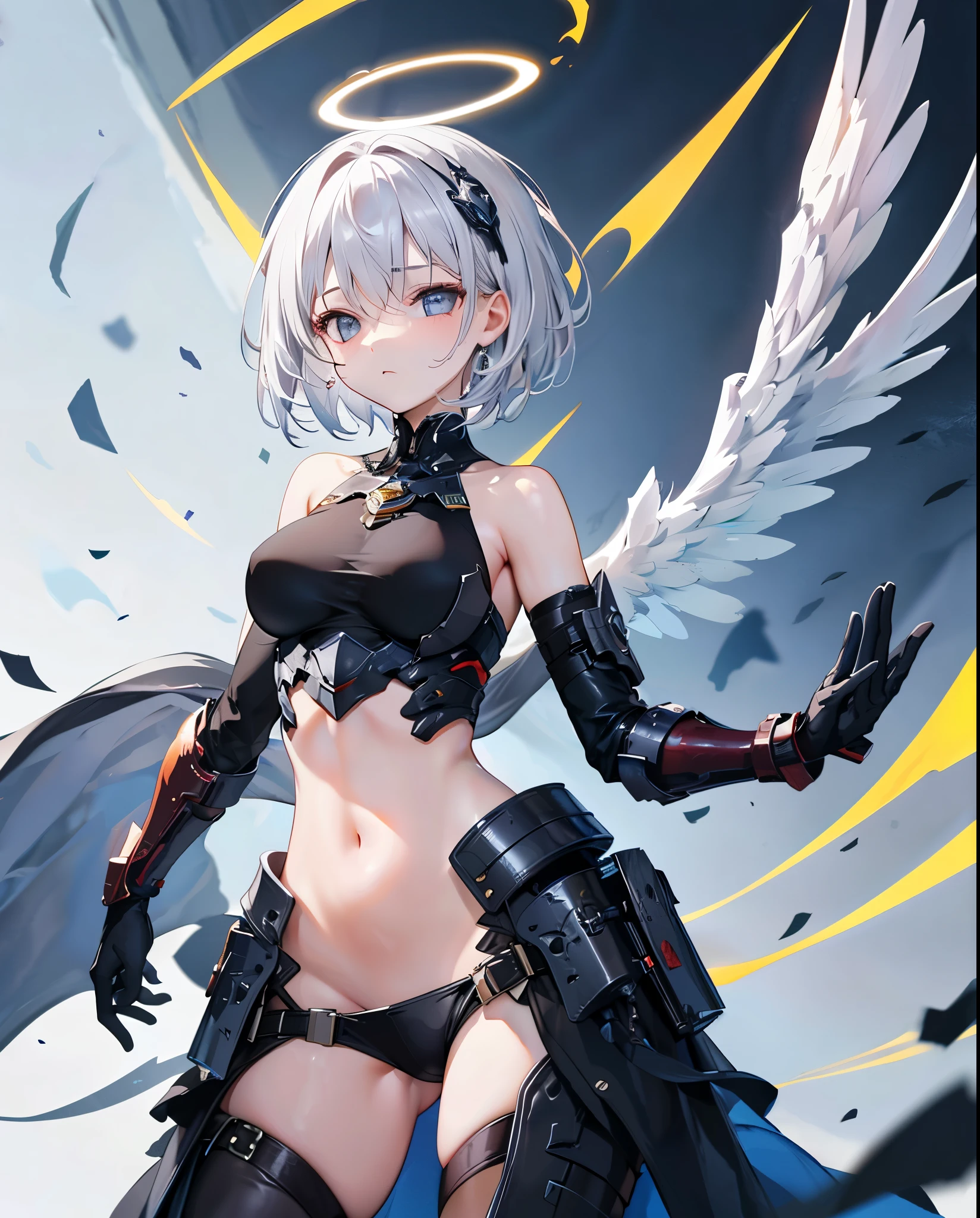 fantasy, 1angel_girl,young_, ,silver_hair, short_hair, long_bangs, halo,bare_shoulder,thighhighs,silver_armor, waist_armor, large_breasts,sleepy,half_eyes,1pair_wings, dynamic_pose_fighting,floating, bare_crotch, headgear,gauntlet, greaves,city_background,slightly_spread_legs, solo, groin_naked,