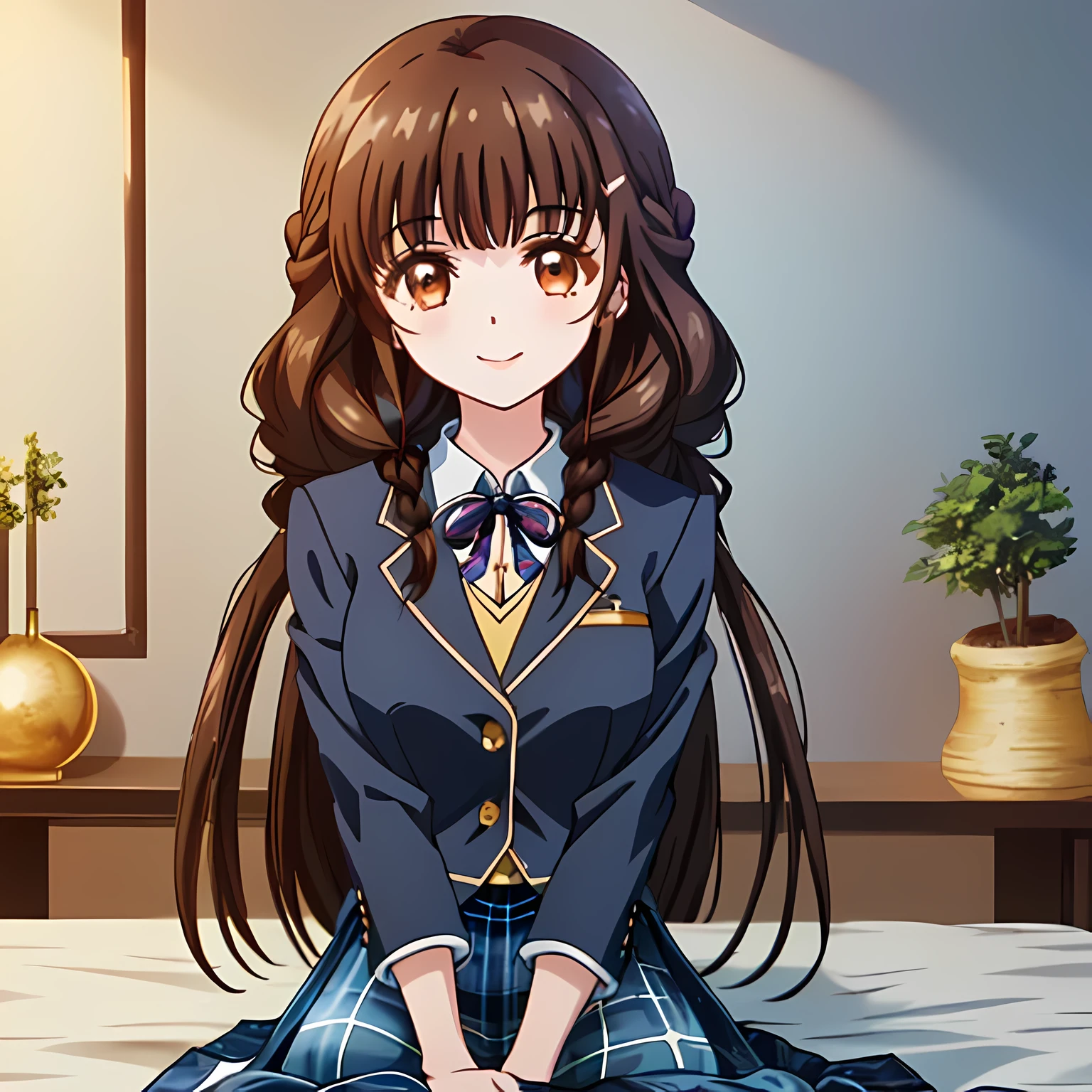 highest quality, (masterpiece:1.2), High resolution, perfect pixel, very detailed,thin and sharp lines, ((smooth texture:1.2, Anime CG style)), only one girl, The girl is looking at the viewer and smiling, glossy lips, nice smile, big brown eyes, (((dark brown hair))), 15 years old, long braids, big shiny hair clip, , ((Light dark blue blazer with golden emblem on the left chest)), ((Japanese style school butterfly ribbon with large navy blue stripes on the chest)), very shiny hair、laughter、bright look、Both face and hair catch the light and shine, The corners of the eyes are drooping, Cute braids, (((Dark brown tightly braided hairstyle))), ((((dark blue & Deep navy tartan check middle long skirt)))), A gentle and cute expression staring at the viewer, ((long eyelashes)), round face, スカートはIt is very cute, brown leather shoes, white socks, It is very cute