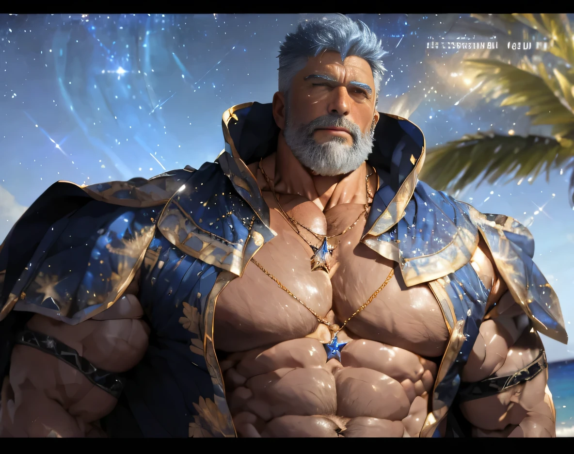 A big one, muscular old man，Sixty-five years old，Sapphire blue beach shirt，sapphire necklace，gold trim，He showed off his huge muscular chest，He showed off his great pecs，Energetic，Behind him is the brilliant starry sky ，He showed off his strong chest muscles，Looking to the future，pornography，Sexy