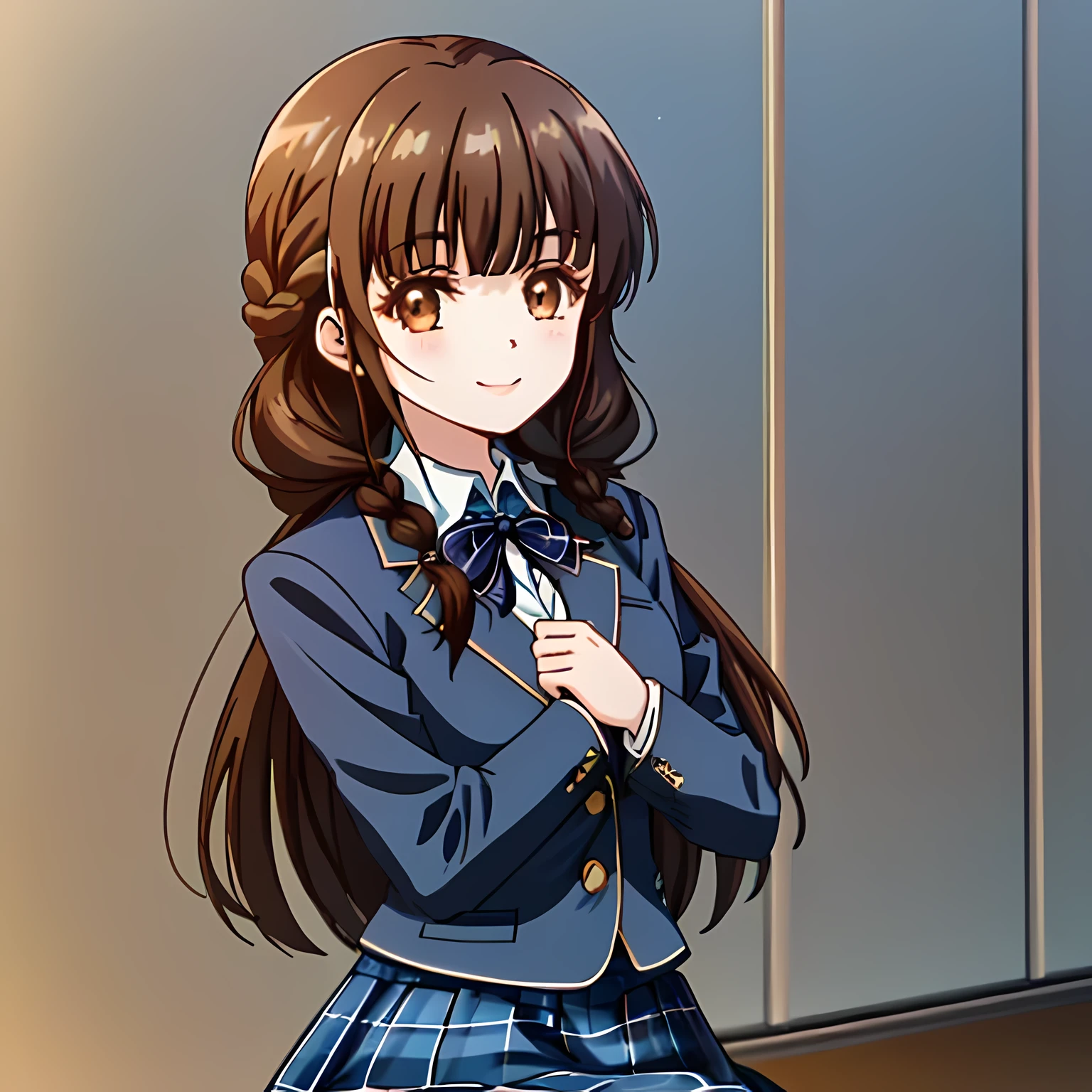 highest quality, (masterpiece:1.2), High resolution, perfect pixel, very detailed,thin and sharp lines, ((smooth texture:1.2, Anime CG style)), only one girl, The girl is looking at the viewer and smiling, glossy lips, nice smile, big brown eyes, (((dark brown hair))), 15 years old, long braids, big shiny hair clip, , ((Light dark blue blazer with golden emblem on the left chest)), ((Japanese style school butterfly ribbon with large navy blue stripes on the chest)), very shiny hair、laughter、bright look、Both face and hair catch the light and shine, The corners of the eyes are drooping, Cute braids, (((Dark brown tightly braided hairstyle))), ((((dark blue & Deep navy tartan check middle long skirt)))), A gentle and cute expression staring at the viewer, ((long eyelashes)), round face, スカートはIt is very cute, brown leather shoes, white socks, It is very cute