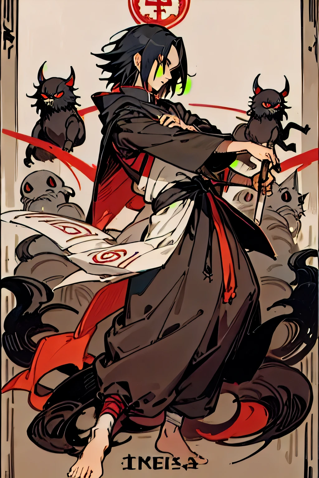 tarot card, o renegado, sasuke uchiha,olhod vermelhos, Roupa preta, sozinho