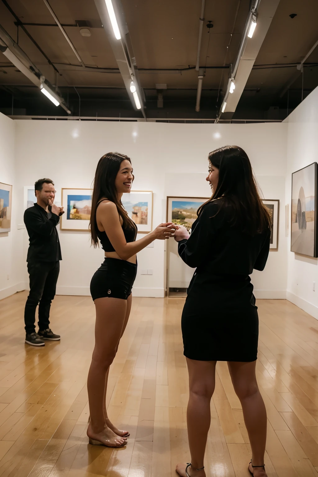 middle angle photoshoot everyone standing enjoy and smile at each other in an art exhibition