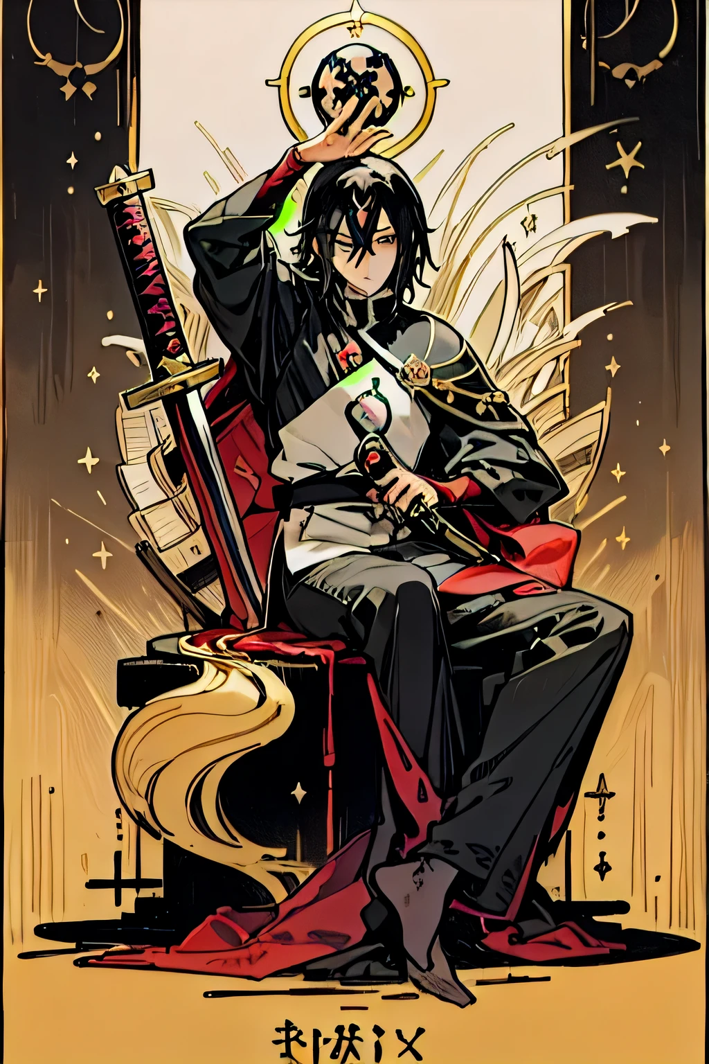 tarot card, the empress, sasuke uchiha, homem, trono de travesseiro, coroa, Katana, ao ar livre, jardim