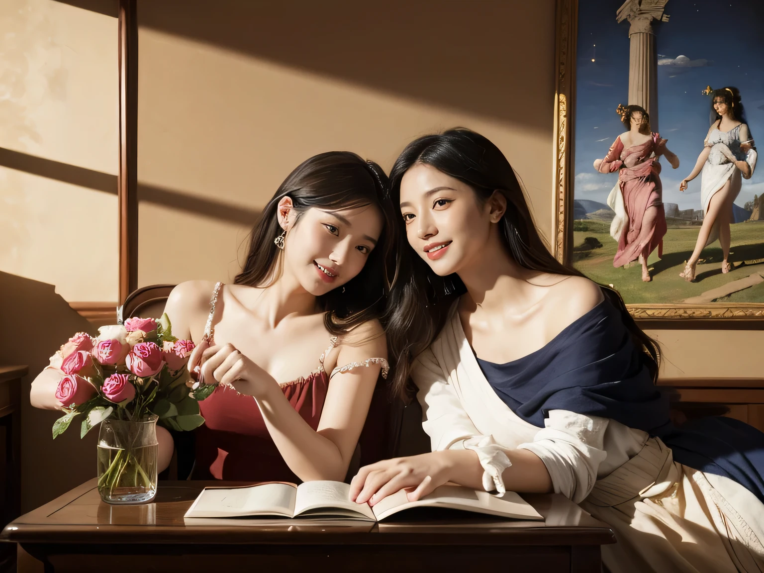 Giorgione painting style,Arguments of two female Philosophe,math、astronomical machine、astronaut、roses in vase、fruits、Cute trinkets、smile、ancient greek costume、Ancient Roman landscape in the style of Nicolas Poussin,laughter,,Sweet and seductive appearance.、Caravaggio's paintings、Chiaroscuro of Caravaggio、hair tousled by the wind,Two women frolicking,cute smile, expression of ecstasy,Sexy,erotic