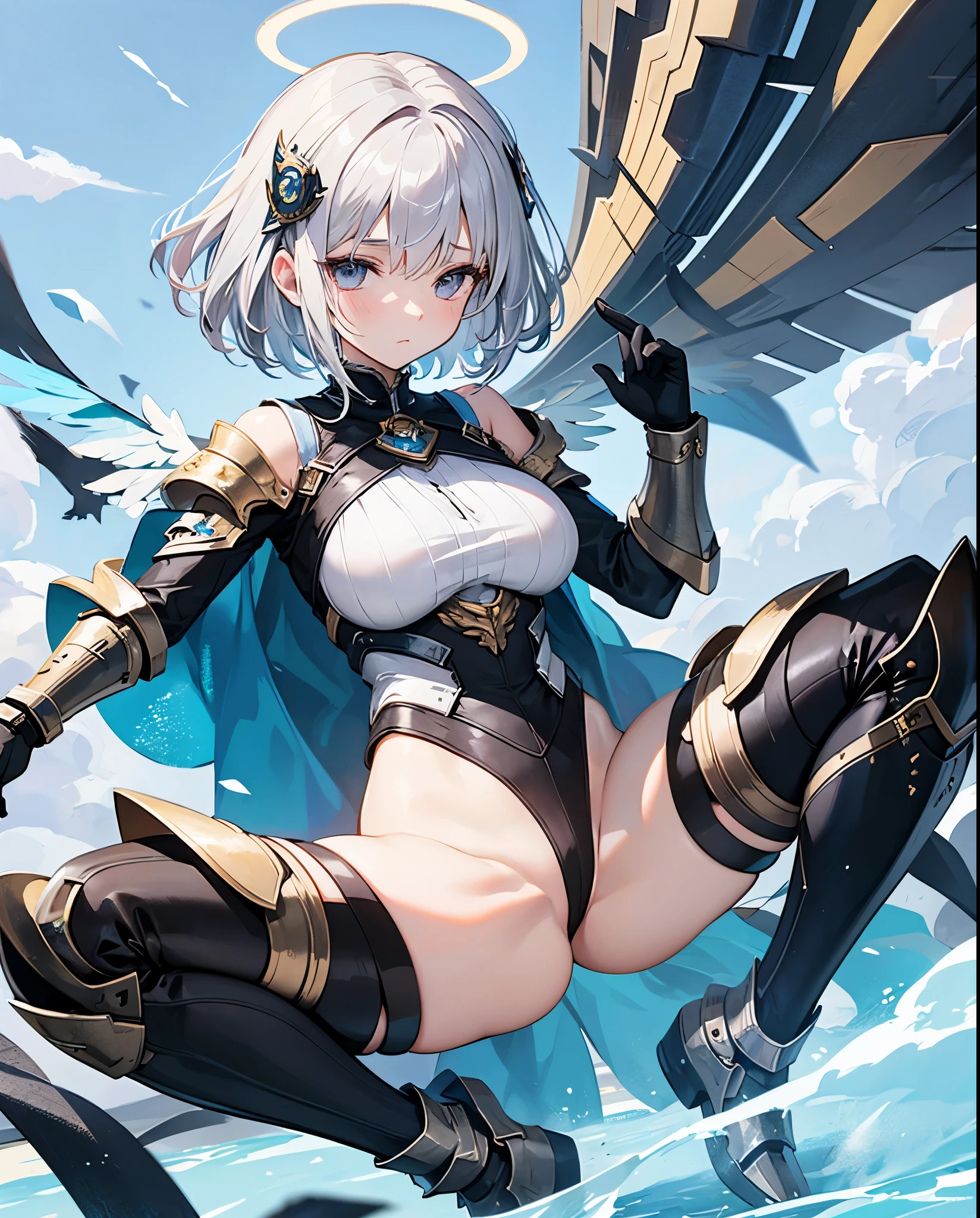 fantasy, 1angel_girl,young_, ,silver_hair, short_hair, long_bangs, halo,bare_shoulder,thighhighs,silver_armor, waist_armor, large_breasts,sleepy,half_eyes,1pair_wings, dynamic_pose_fighting,floating, bare_crotch, headgear,gauntlet, greaves,city_background,slightly_spread_legs, solo, groin_naked,