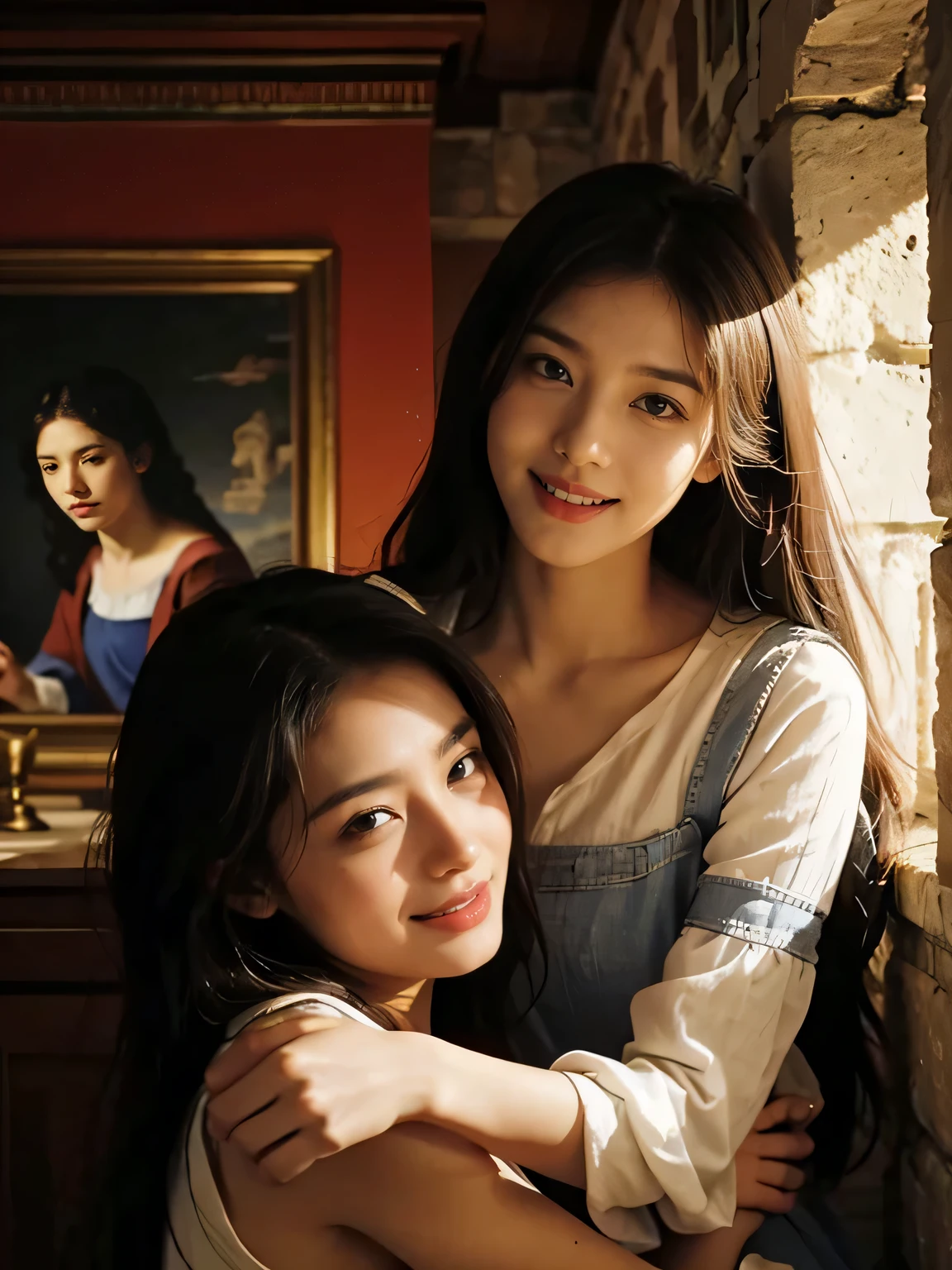 Giorgione painting style,Arguments of two female Philosophe,math、astronomical machine、astronaut、roses in vase、fruits、Cute trinkets、smile、ancient greek costume、Ancient Roman landscape in the style of Nicolas Poussin,laughter,,Sweet and seductive appearance.、Caravaggio's paintings、Chiaroscuro of Caravaggio、hair tousled by the wind,Two women frolicking,cute smile, expression of ecstasy,Sexy,erotic