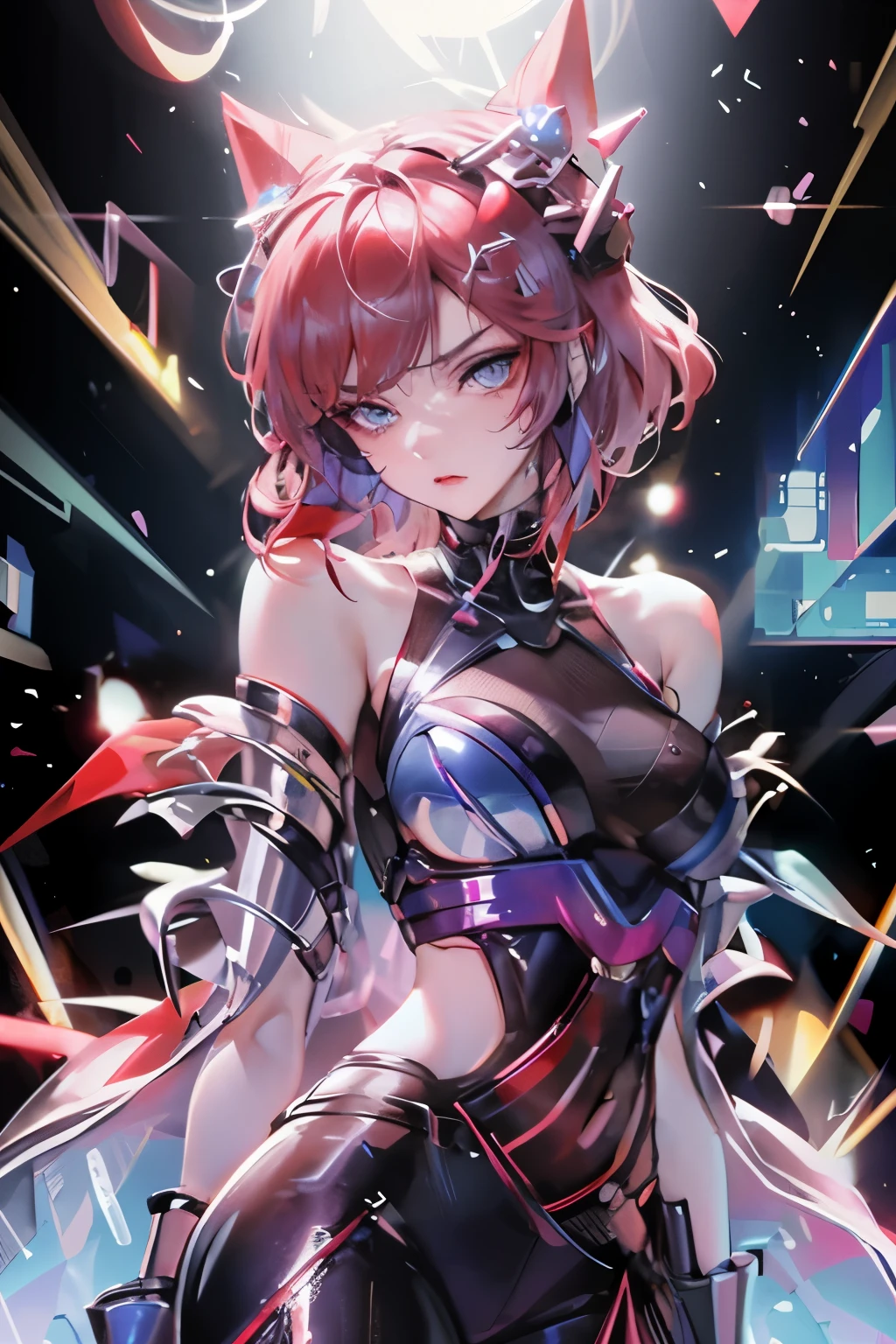 cyberpunk边缘行者,1girl,Lucy(cyberpunk),bare shoulders,blue eyes,looking at the audience,Off the shoulders夹克,Off the shoulders,red eyeliner,short hair,