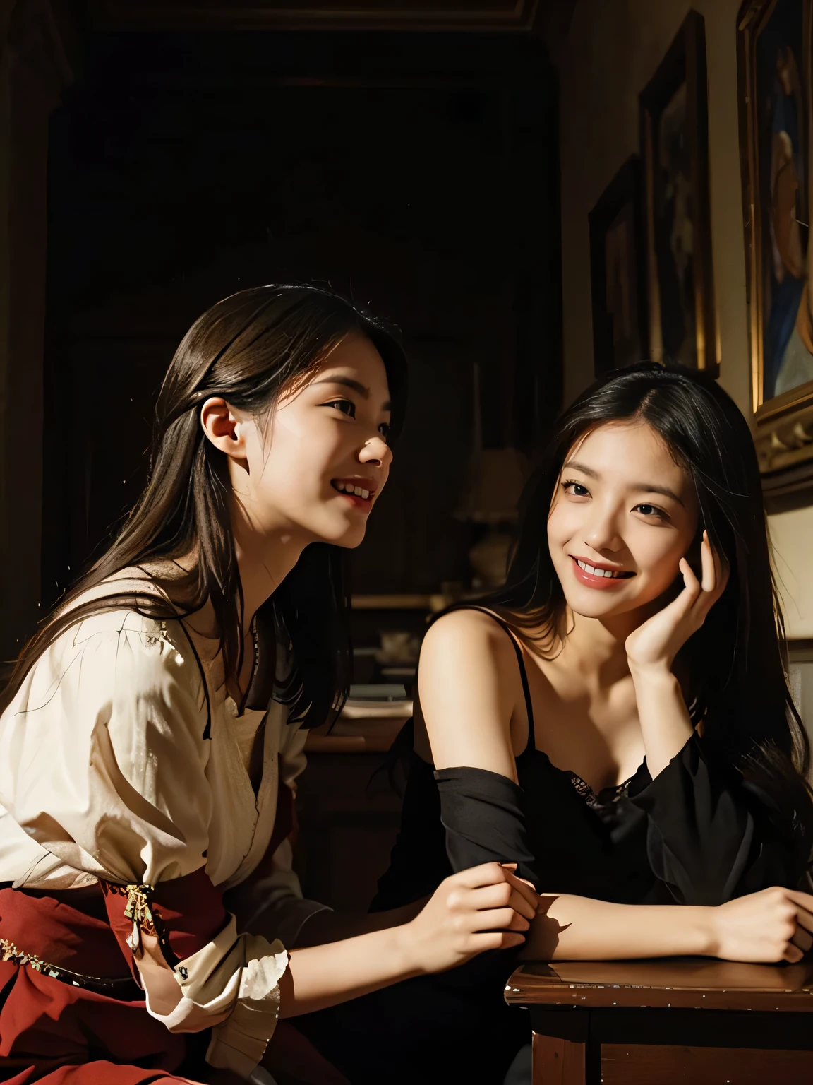 Giorgione painting style,Arguments of two female Philosophe,math、astronomical machine、astronaut、roses in vase、fruits、Cute trinkets、smile、ancient greek costume、Ancient Roman landscape in the style of Nicolas Poussin,laughter,,Sweet and seductive appearance.、Caravaggio's paintings、Chiaroscuro of Caravaggio、hair tousled by the wind,Two women frolicking,cute smile, expression of ecstasy,Sexy,erotic