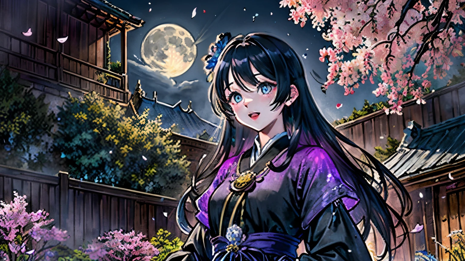 masterpiece、highest quality、1 girl、(Colorful)、(Are you okay, beautiful eyes and detailed face)、movie lighting、bust shot、Highly detailed CG Unity 8K wallpaper、solo、laughter、intricate skirt、((flying petals)) 、(flower meadow) null、曇った灰のnull、architecture、moon明かり、moon、night、(dark theme:1.3)、Optics、fantasy、