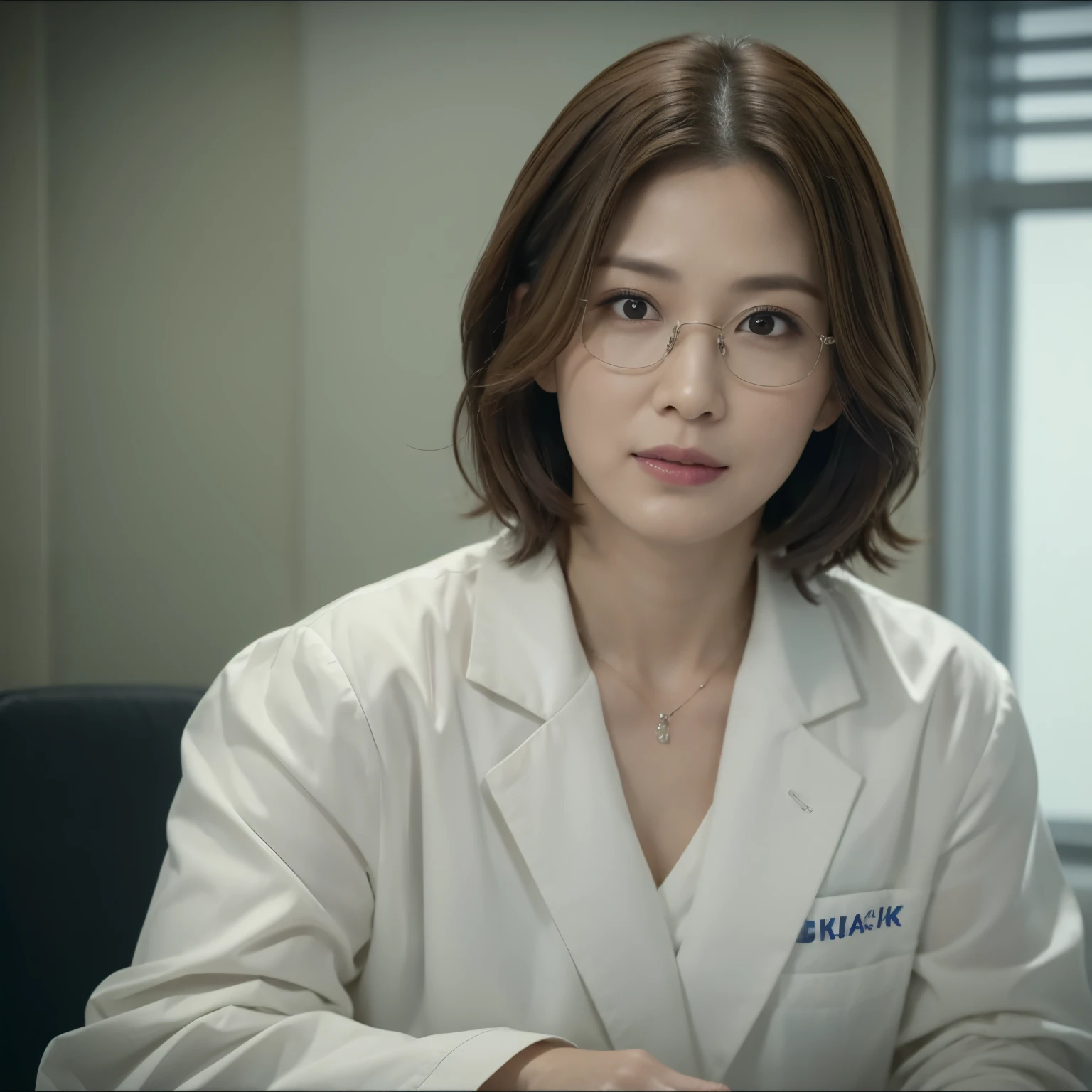 ((Best quality, 8k, Masterpiece: 1.3)), Crystina Yang from Grey's Anatomy: 1.3, intelligent and beautiful woman with a focused expression: 1.4, (Asian descent: 1.2), short curly hair: 1.2, white lab coat: 1.1, glasses: 1.2, angled toward the camera with a determined look, 35-year-old, sharp features, deep-set eyes, intense gaze, Hospital setting.
