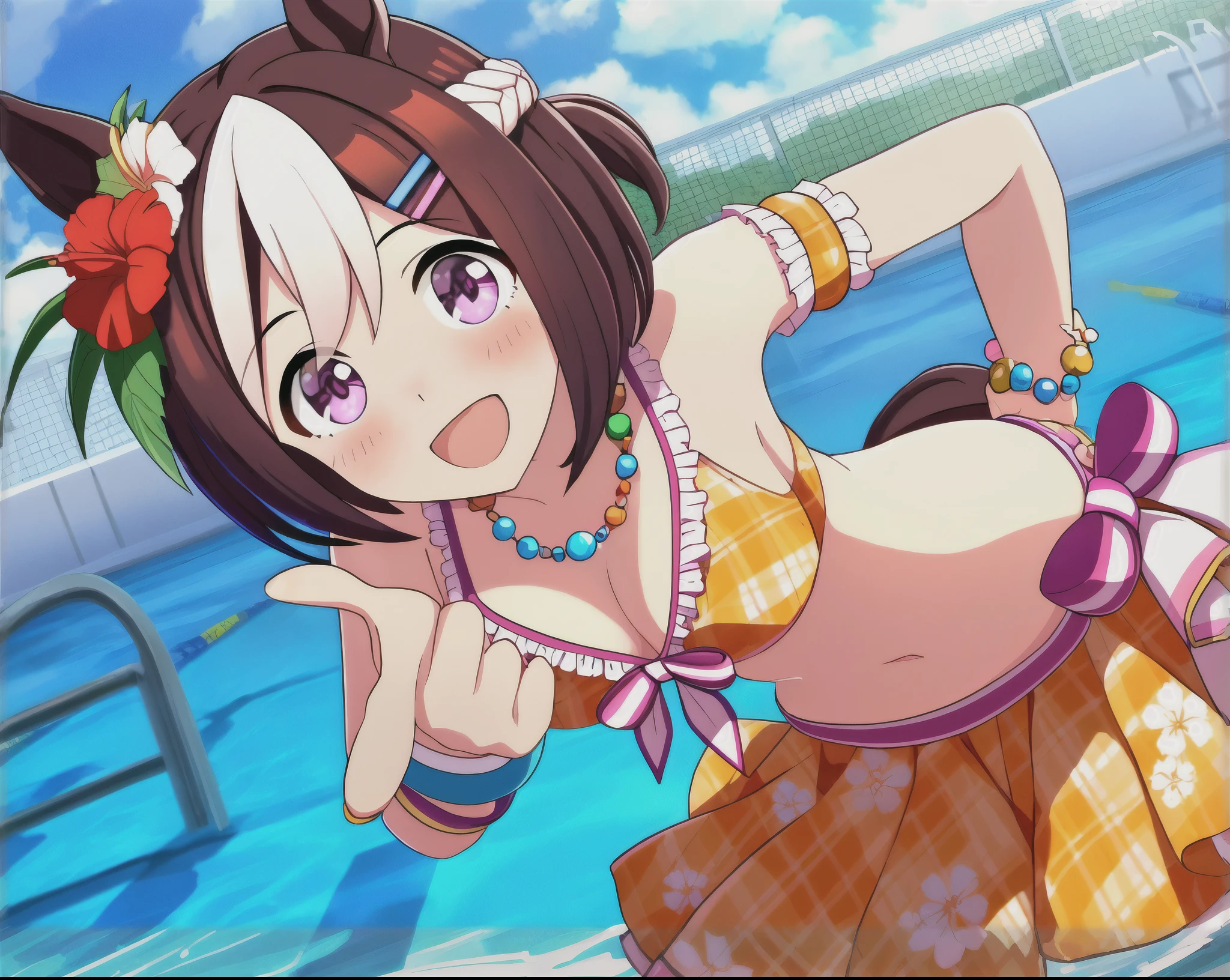 anime girl in a bikini posing by a swimming pool, an anime drawing inspired by Puru, pixiv, shin hanga, splash art anime , idolmaster, rin, 8k!!, anime moe artstyle, 8k!, anime visual of a cute girl, ecchi anime style, nagatoro, ecchi, is wearing a swimsuit