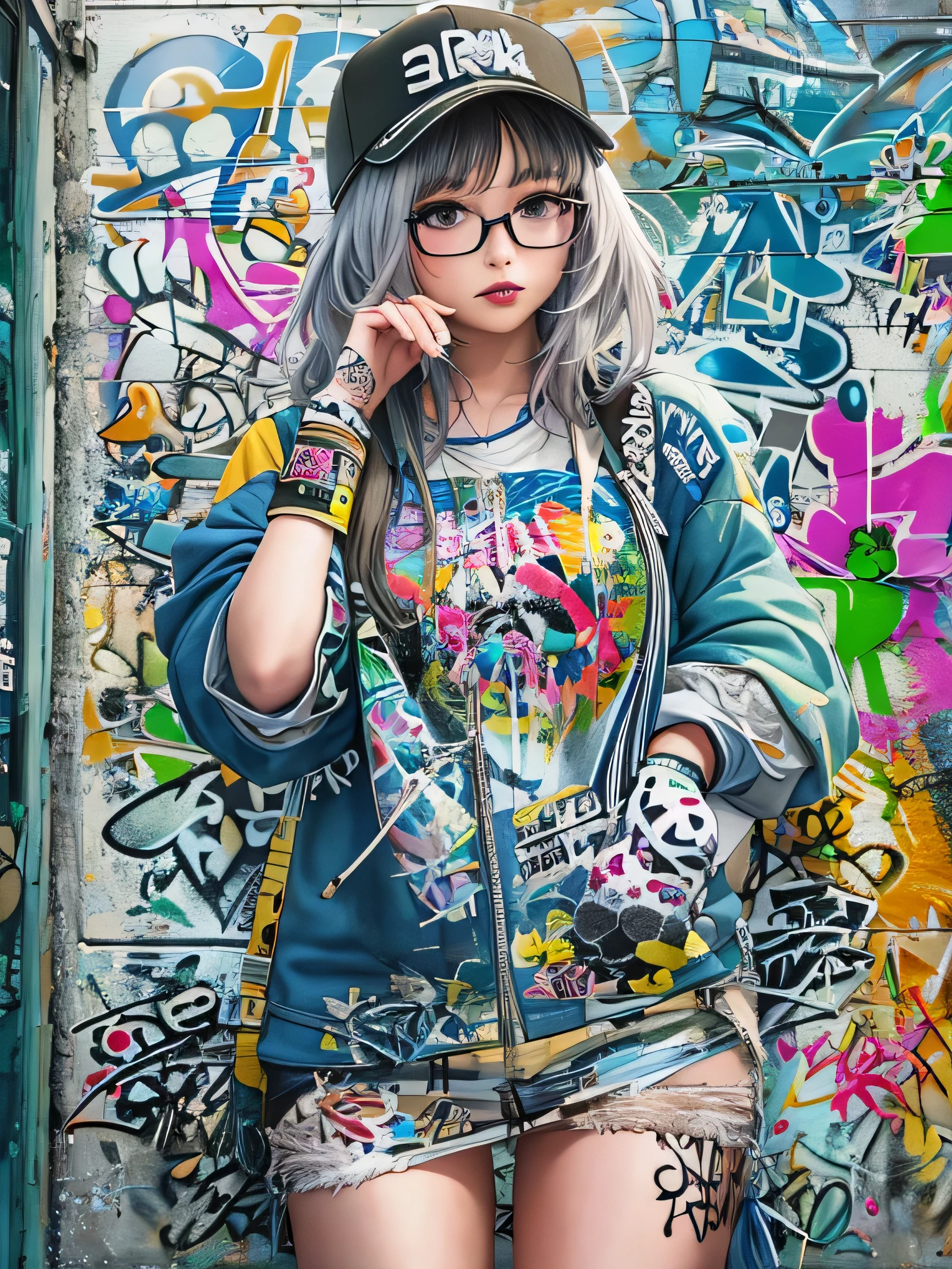 8K quality, watercolor painting, stylish design, (((The strongest beautiful girl of all time))), (((Japanese)))、Idol、clear, stylish glasses, Fashionable hats, (((highest quality))), bob hair, put your hand on the wall, HDR, ((Detailed details)), ((stylish fashion))), detailed clothing texture, (((graffiti art))), colorful hair, ((masterpiece))、((Super detailed))