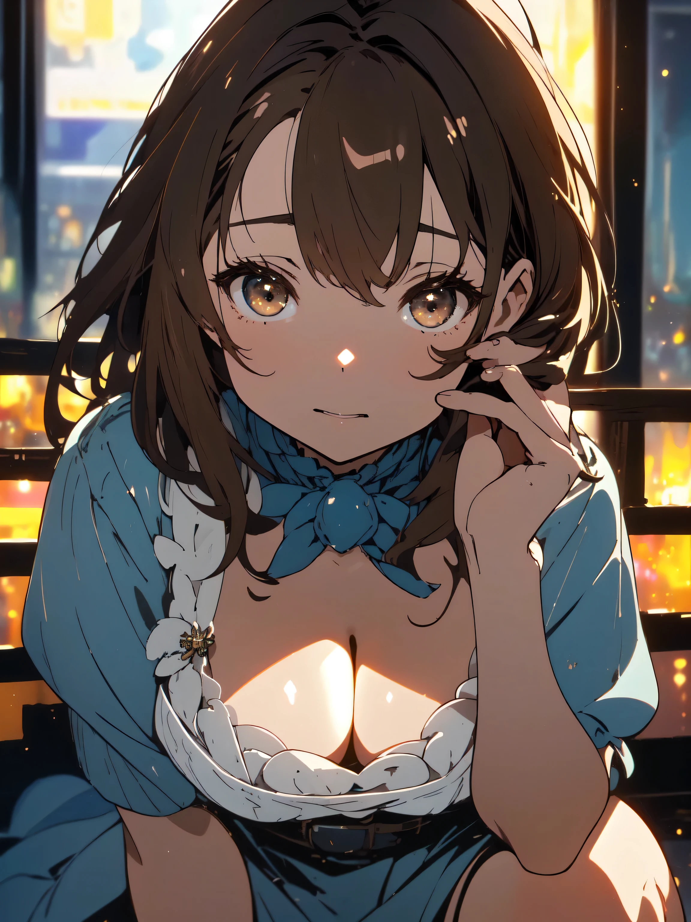 night, photograph, (((so beautiful))), (so beautiful肖像画))),(beautiful animeアート) ,(Two-dimensional beautiful girl),(1 20 year old girl), ((knit dress)),sexy ,(頭から膝までのphotograph), ((short cut natural brown hair)), [brown eyes],A gentle smile looking at the camera(cleavage), ((masterpiece, 最high quality, Super detailed, movie light, intricate details, High resolution, 8K, very detailed)), detailed background, 8k uh, Digital single-lens reflex camera, soft lighting, high quality, film grain, Fujifilm XT3, shallow depth of field, Natural light, perfect face,(beautiful anime)