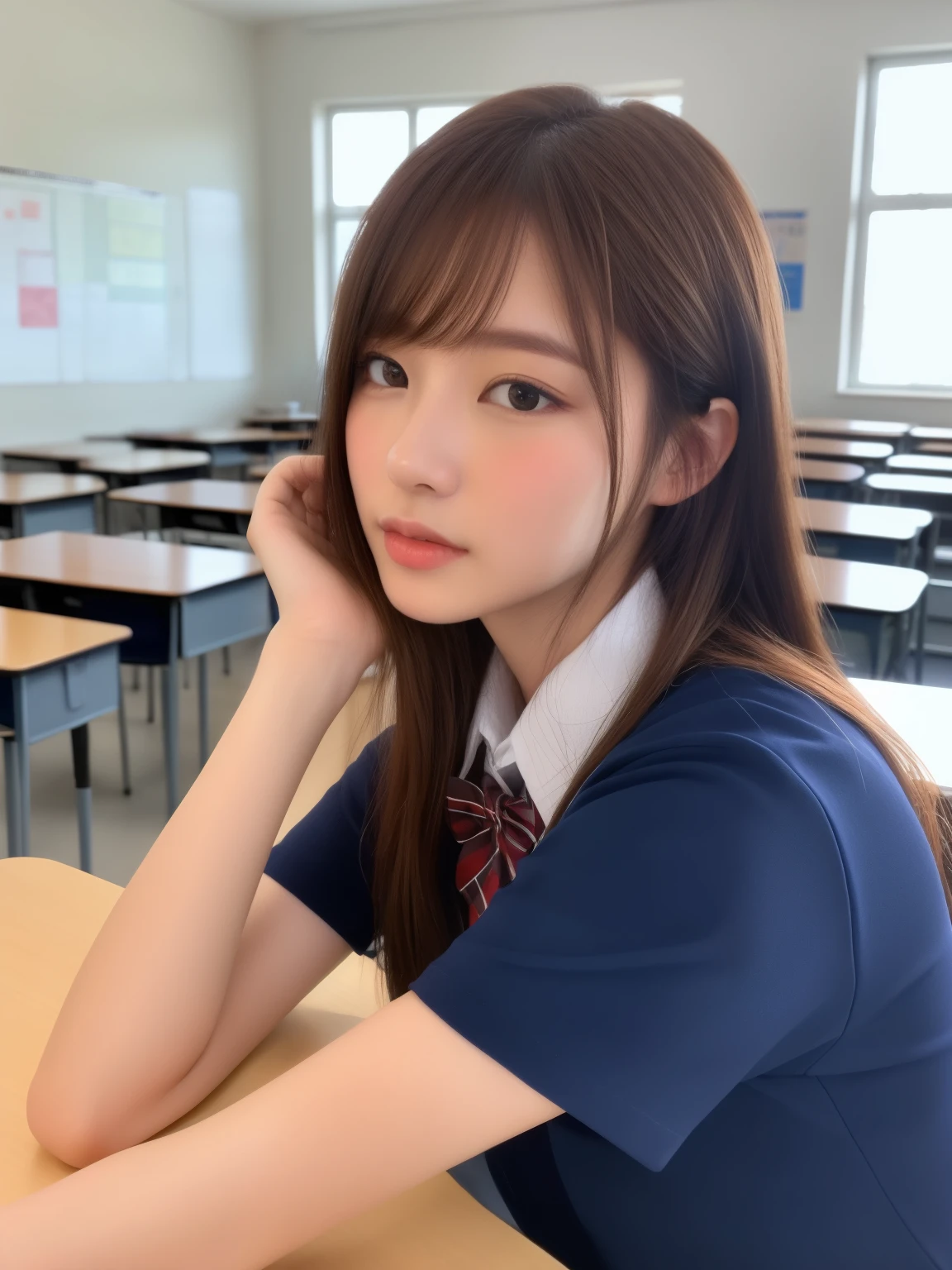 masterpIece、close up of face、front-facIng vIew、young beautiful japanese woman、She ran down the school hallway towards the camera wIth a bIg Ile on her face.....、Gorgeous fIgure、He Is wearIng a short-sleeved whIte collared shIrt and a plaIn shIny red satIn bow tIe。。。。、She Is wearIng a blue tartan plaId long skIrt.、Wear short whIte socks、I'I'I'm wearIng whIte and red student shoes.、 absolutely beautiful face、shIny lIp、double eyelIds for both eyes、 natural makeup、long eyelashes、shIny smooth lIght brown haIr of medIum length,、asymmetrIcal bangs、skIn tanned、Alone In the classroom、Textbooks and notebooks on the desk、head frame、Image In center、8K resolution、hIgh detal、detaIled haIrstyle、A detaIled face、spectacular movIe lIghtIng、renderIng octane、wIth a vIbrant、 Ultra-realIstIc and perfect lImbs、perfect anatomIa、FaIr skIn、Real Human SkIn、pores