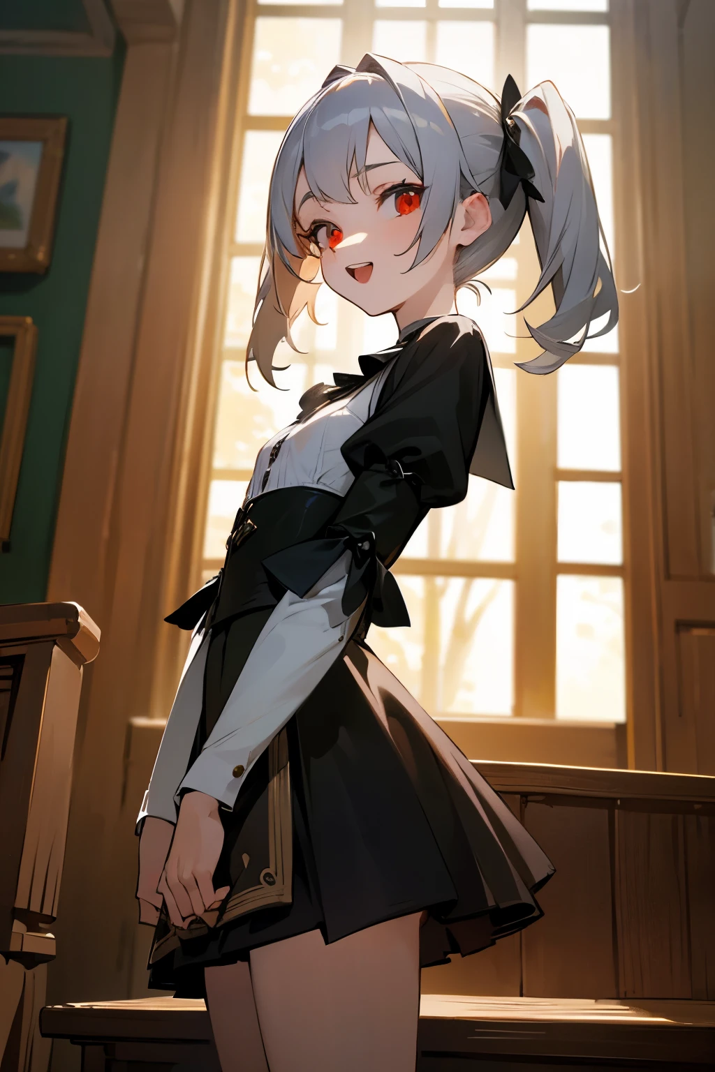 (master piece:1.2), (best Quality:1.2), (ultra detailed:1.2), (highres:1.2), 4k, 8k, cowboy shot, looking at viewer, beautiful detailed eyes, middle hair, light silver hair, (red eyes:1.1), small breasts, short twintails, flat chest, 13 years, small Face, Gothic Lolita, Medieval, evening, pale skin, pov, from front, mini skirt, light smile, Old House, Face focus, open mouth,