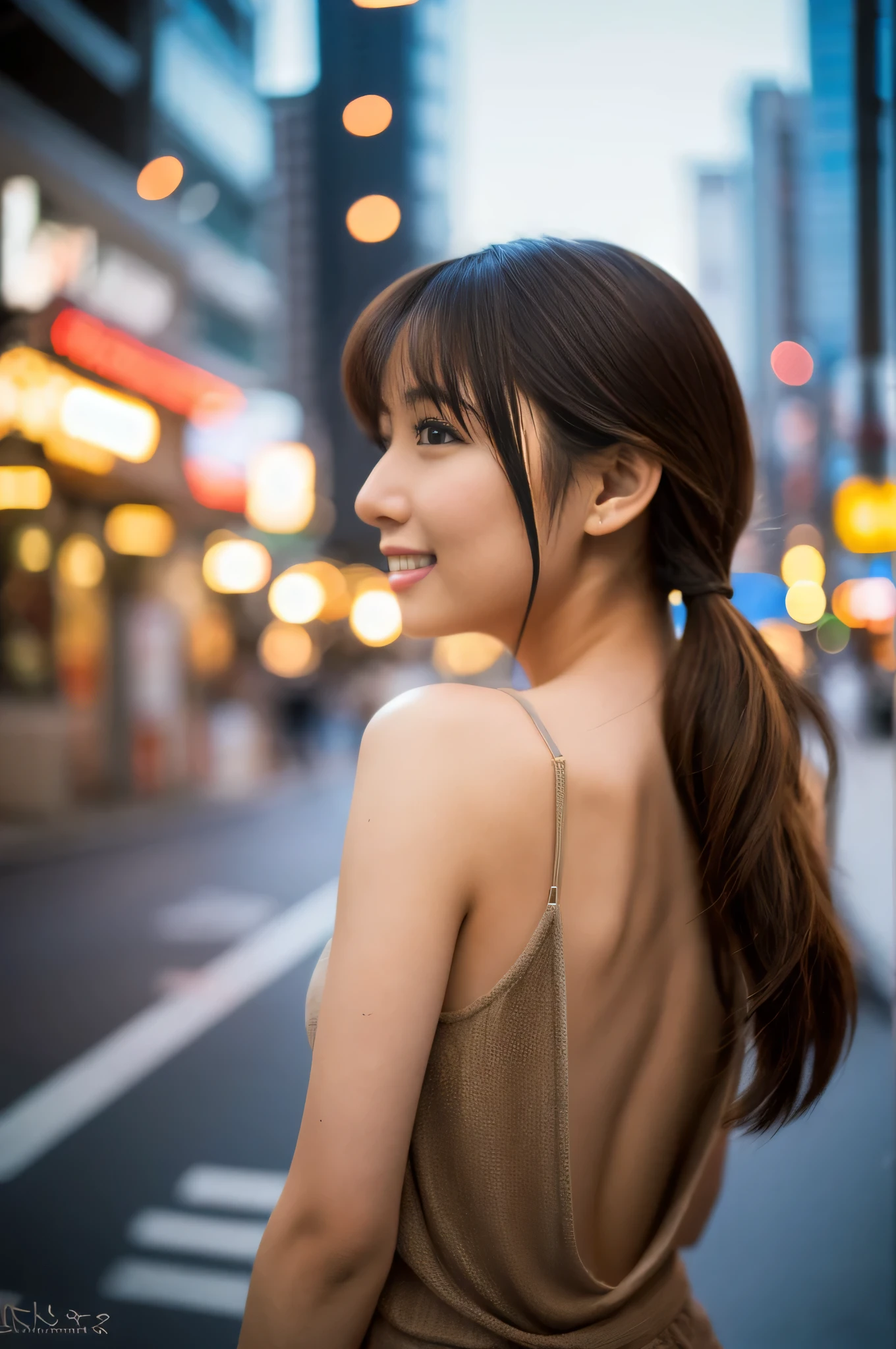 highest quality,masterpiece,32k,sharp focus,Depth of the bounds written、50mm,F1.4,professional lighting,cinematic lighting,profile,slim and smooth lines,beautiful japanese woman,25 year old girl,turn your arms behind your back,cityscape,akihabara,nice weather,twin tails,light brown hair,Tank top,shorts,Hilarious,