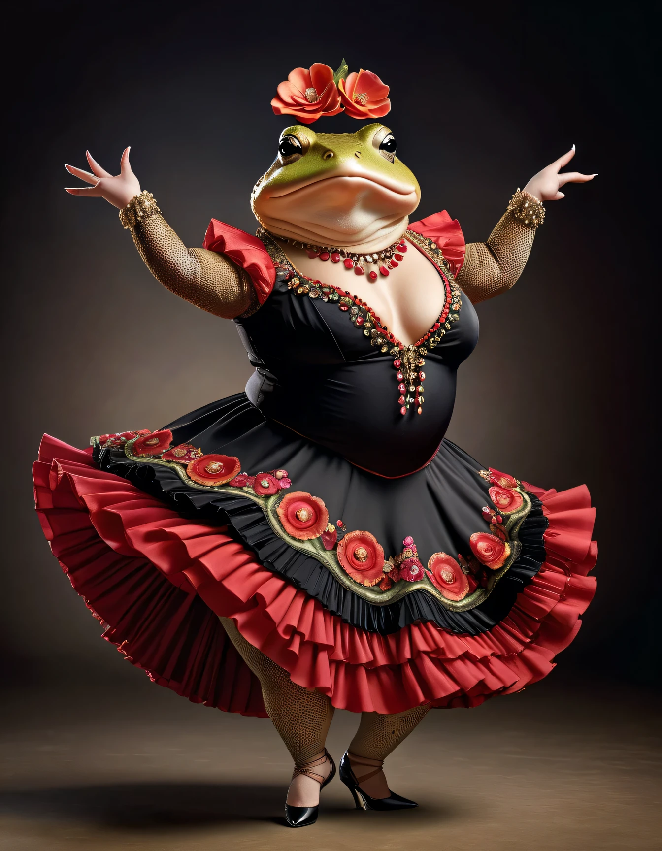 photorealistic portrait of Dressed animals - a ((fat)) toad flamenco dancer, arms up ,( dynamic dancing), high quality,(lovely) ,intricate details, highly detailed ((flamenco costume)) ,highly detailed dress, high heels, toad skin, highly detailed decorations, (cute), studio lighting,(full body image:1.5)