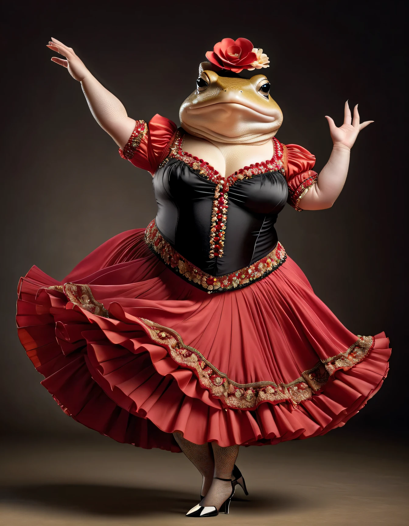 photorealistic portrait of Dressed animals - a ((fat)) toad flamenco dancer, arms up ,(flamenco dynamic dancing), high quality,(lovely) ,intricate details, highly detailed ((flamenco costume)) ,highly detailed dress, high heels, toad skin, highly detailed decorations, (cute), studio lighting,(full body image:1.5)