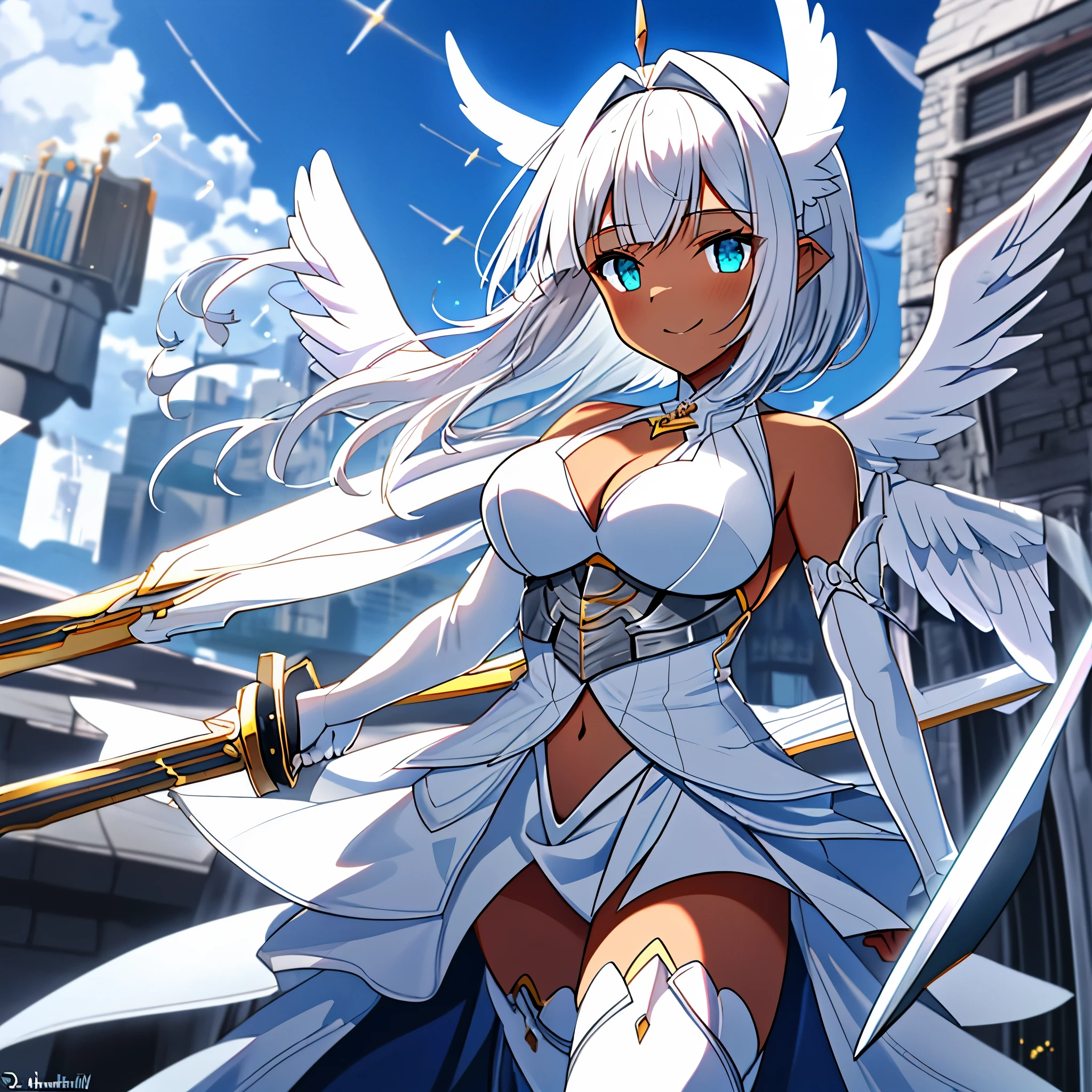 fantasy, 1angel_girl, low_, white_medium_bob_hair,long_bangs, (dark_skin)+, bare_shoulder, navel out, thighhighs,silver_shiny_armor, white_clothes,waist_armor, Glebe, hold_shiny_swords, medium_breasts,, dynamic_pose_fighting,Floating, (1pair_white_wings,pelvic_curtain)++, Headgear ,city_sky_background,,slightly_spread_legs, light_smile,multiple_shiny_swords_floating_around_the_girl