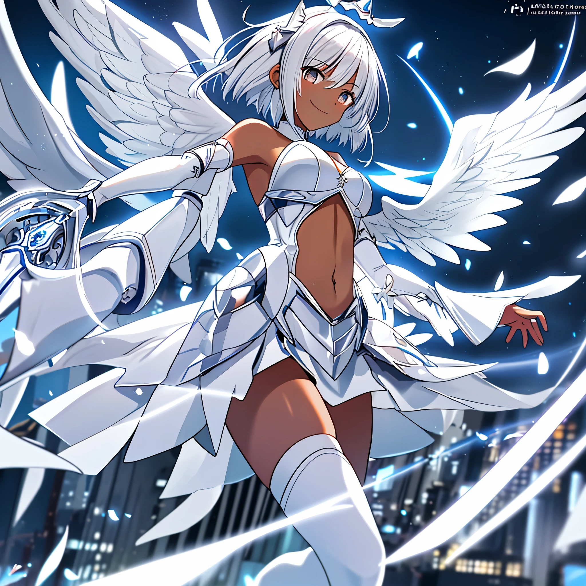 fantasy, 1angel_girl, low_teen, white_medium_bob_hair,long_bangs, (dark_skin)+, bare_shoulder, navel out, thighhighs,silver_shiny_armor, white_clothes,waist_armor, Glebe, hold_shiny_swords, medium_breasts,, dynamic_pose_fighting,Floating, (1pair_white_wings,pelvic_curtain)++, Headgear ,city_sky_background,,slightly_spread_legs, light_smile,multiple_shiny_swords_floating_around_the_girl