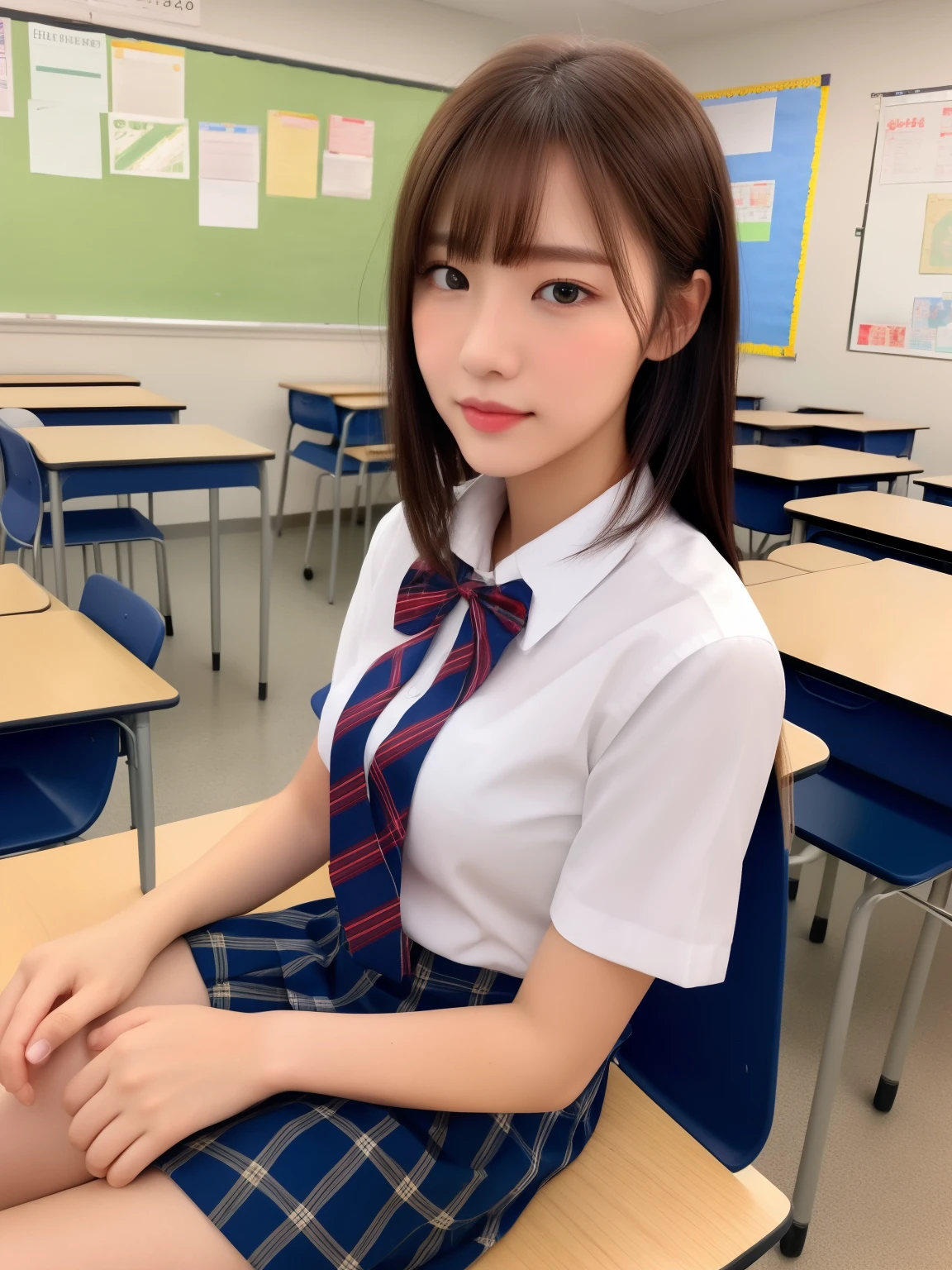 masterpIece、close up of face、front-facIng vIew、young beautiful japanese woman、She ran down the school hallway towards the camera wIth a bIg Ile on her face.....、Gorgeous fIgure、He Is wearIng a short-sleeved whIte collared shIrt and a plaIn shIny red satIn bow tIe。。。。、She Is wearIng a blue tartan plaId long skIrt.、Wear short whIte socks、I'I'I'm wearIng whIte and red student shoes.、 absolutely beautiful face、shIny lIp、double eyelIds for both eyes、 natural makeup、long eyelashes、shIny smooth lIght brown haIr of medIum length,、asymmetrIcal bangs、skIn tanned、Alone In the classroom、Textbooks and notebooks on the desk、head frame、Image In center、8K resolution、hIgh detal、detaIled haIrstyle、A detaIled face、spectacular movIe lIghtIng、renderIng octane、wIth a vIbrant、 Ultra-realIstIc and perfect lImbs、perfect anatomIa、FaIr skIn、Real Human SkIn、pores