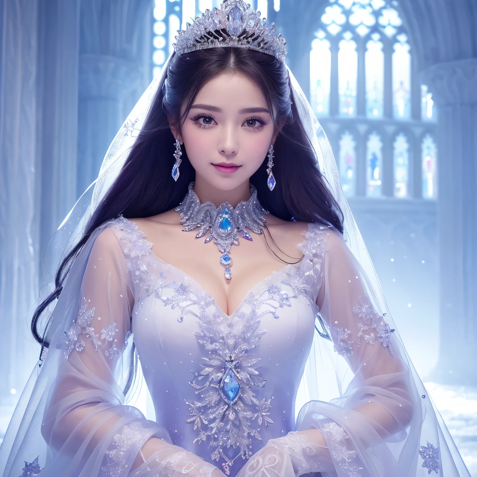(masterpiece、highest quality、best image quality、8K、Award-winning work)、one goddess、(The most extravagant, sparkling, high-end gigantic costume:1.1)、(The most luxurious and highest quality giant tiara:1.1)、(The most luxurious and highest quality giant necklace:1.1)、(Beautiful purple and white gradation finest goddess costume:1.2)、(A goddess costume decorated with the finest decorations that shines in purple and white.:1.1)、(Finest goddess costume with perfect purple and white gradation:1.1)、upper body photo、(the best smile looking at me:1.2)、big breasts、Beautiful transparent sleeves of the highest quality、(Finest transparent sleeves with jewel decoration:1.1)、expose one's shoulders、Standing gracefully、(The most luxurious palace background made of ice:1.4)、(The most elaborate and luxurious ice palace cathedral:1.3)、(Inside the most mysterious giant palace made of ice:1.4)、(The most beautiful cathedral made of crystal clear ice:1.4)、(beautiful transparent ice:1.1)、(Mysterious fairy tale light blue fog:1.15)、The background is a detailed ice palace、beautiful ice ceiling、(Palace interior background made of intricately shining transparent ice:1.4)、(Elegant palace pillars made of ice:1.05)、the most intricate and luxurious decoration、(large amount of jewelry decoration:1.1)、最もComplex and detailed background、(It's snowing:1.1)、fine sparkling snow、(Tyndall effect:1.1)、Subtle sparkling snow、epic movie lighting、perfect makeup、long eyelashes、beautiful eyeshadow、(accurate ???????:1.1)、Natural forehead、Complex and detailed background、the most delicate shine、background with depth、low contrast、Surrounded by soft light、(body facing forward:1.1)、(arms down:1.1)