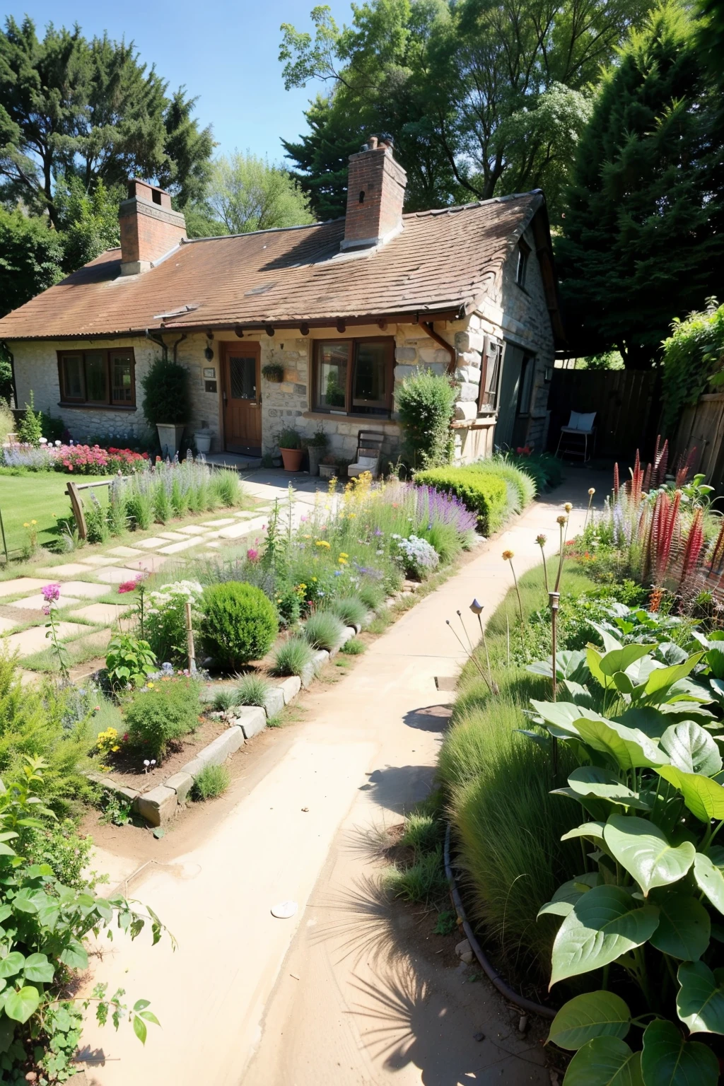 ultra high definition,wide angle,looking down camera,Rustic cottage,garden,vegetable patch