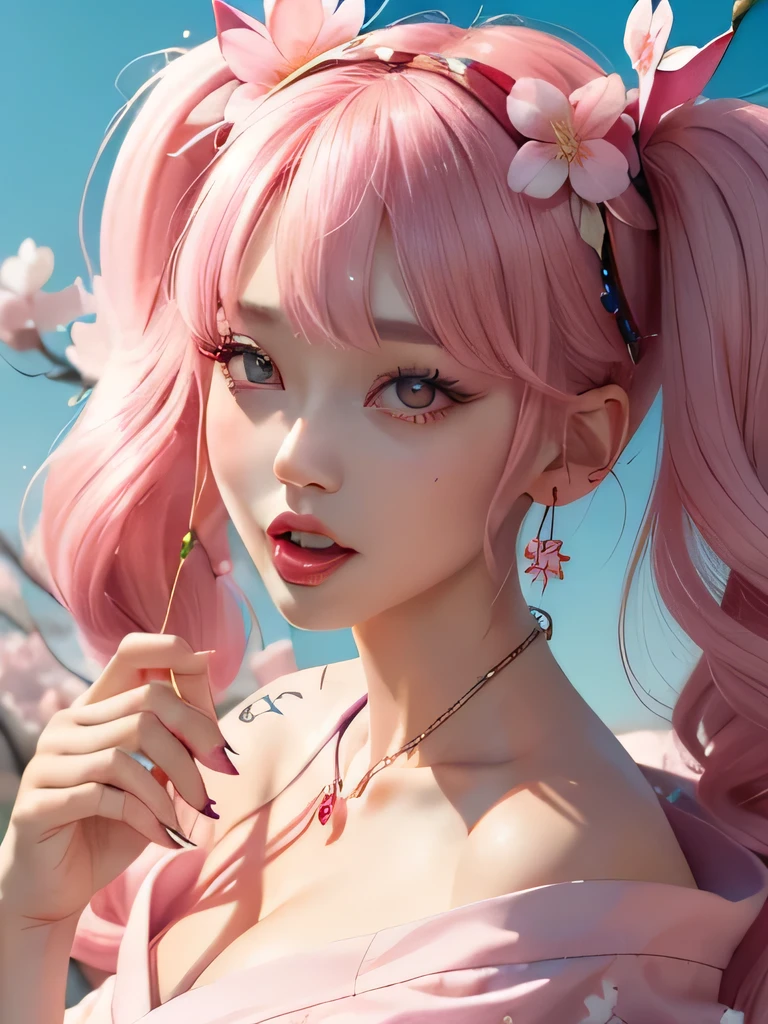 she is the cherry blossom spirit、pink eyes、pink hair、close up of face、pink eyebrows、pink teeth、pink fang、big ears、cherry blossom hair ornament、cherry blossom necklace、Cherry earrings、beautiful clavicle、twin tails、deep pink eyes、pink kimono showing collarbone、cherry blossom fairy、wing、cherry blossom background、blue sky background、red eyes、Cherry Headband、she is a pink fairy、妖精のwing根、stern look、expression of anger、I'angry、cherry blossom tattoo on neck、I can see the fangs of anger、