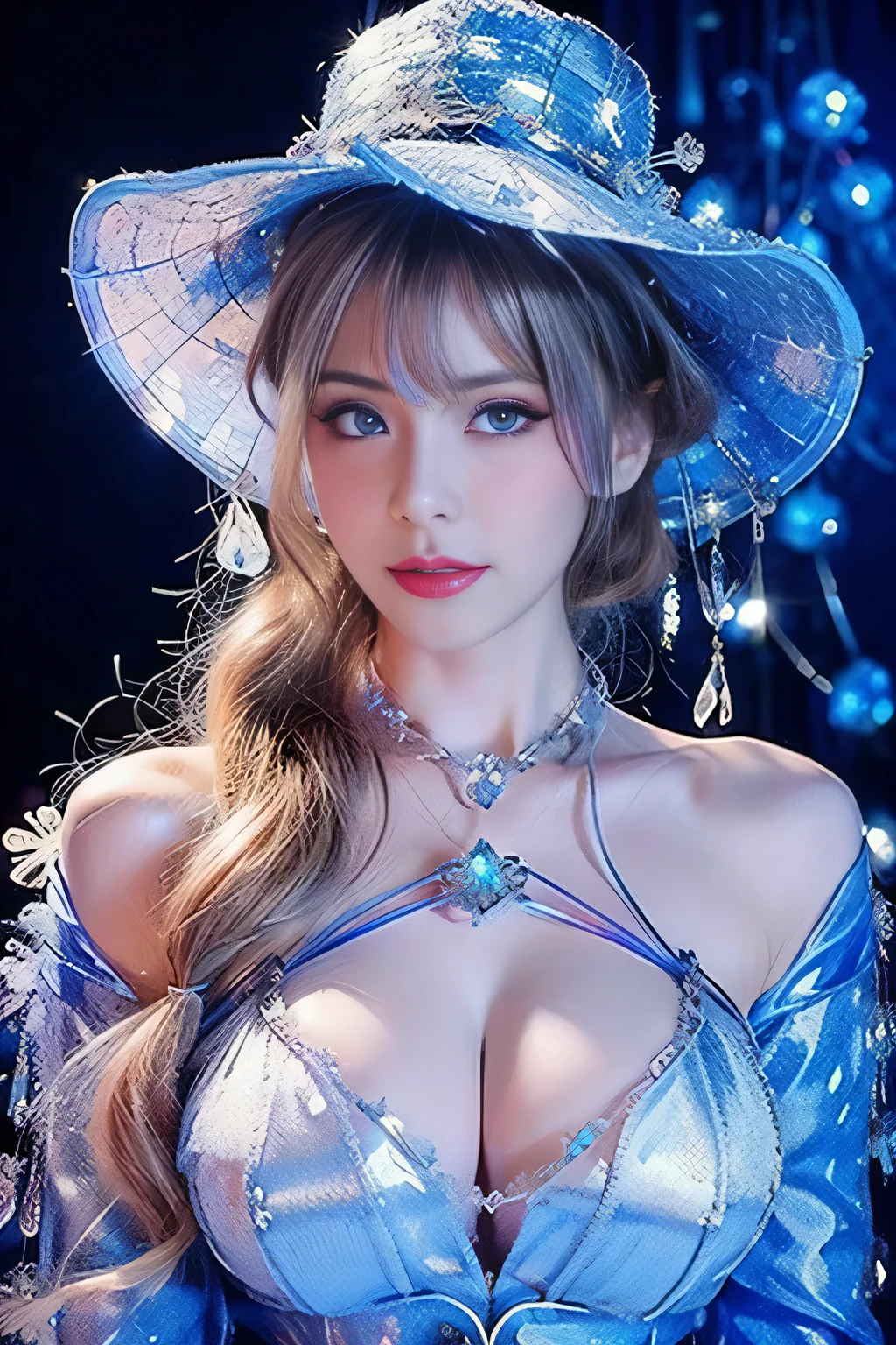 Bust of a beautiful noble maiden，Redhead elegantly coiled，(((Huge crystal on the chest)))，（(Wear a big skirt(blue colors)bucket-hat))，Purple clear eyes，The hair is covered with beautiful and delicate floral craftsmanship, Crystal jewelry filigree，jewelry，Ultra-detailed details