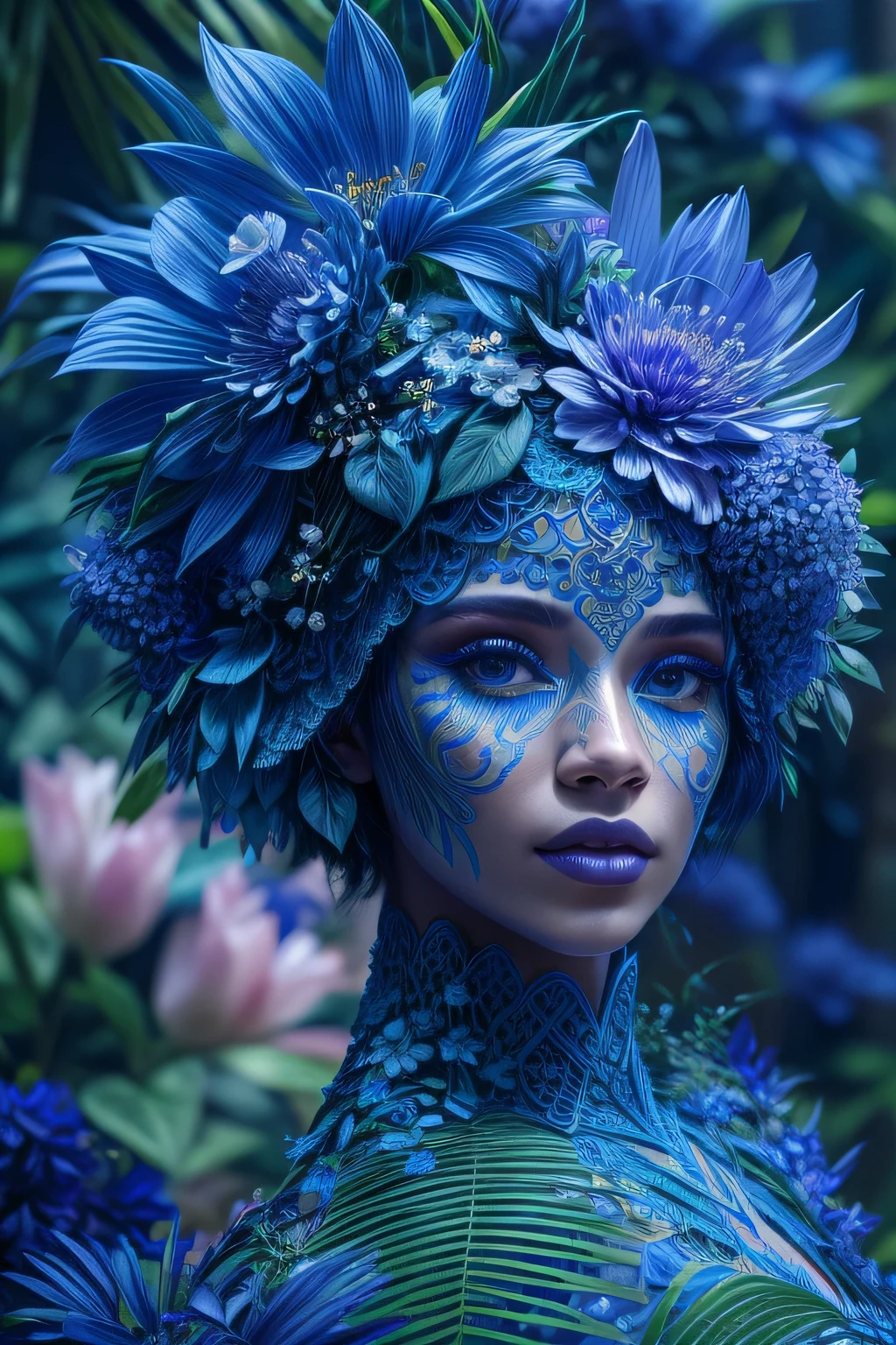 fashion photography portrait of blue human avatar, in blue lush jungle with flowers, 3d render, cgi, symetrical, octane render, 35mm, bokeh, 9:16, (intricate details:1.12), hdr, (intricate details, hyperdetailed:1.15), (natural skin texture, hyperrealism, soft light, sharp:1.2)