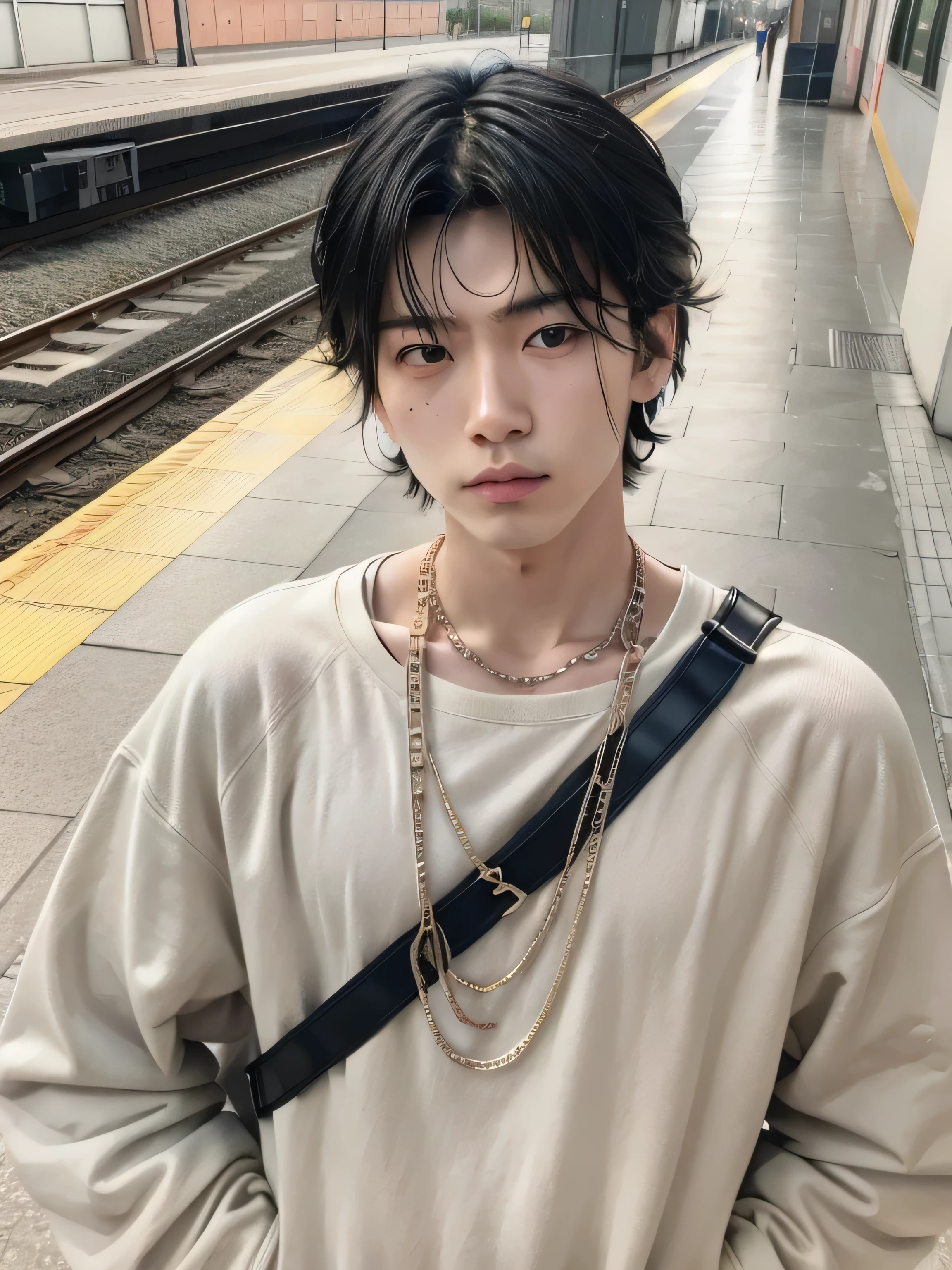 connected man with a chain around his neck standing in a train station, neck chains, norihiro yagi, tomohiro shimoguchi, Yuya Nagai, correntes de ouro, taken at the beginning of 2020, japanese streetwear, Daisuke Tsutsumi, 1 Menino de 7 anos, rosto magro, usando uma corrente de ouro