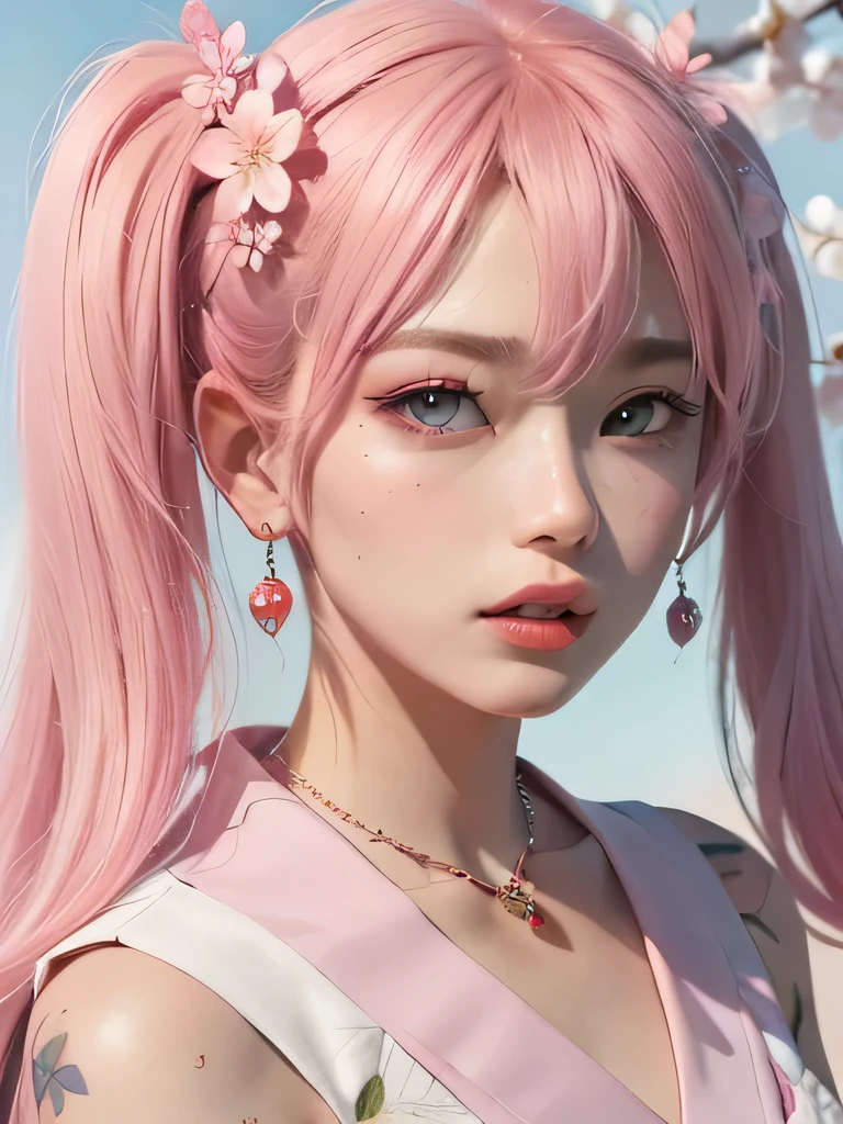 she is the cherry blossom spirit、pink eyes、pink hair、close up of face、pink eyebrows、pink teeth、pink fang、big ears、cherry blossom hair ornament、cherry blossom necklace、Cherry earrings、beautiful clavicle、twin tails、deep pink eyes、pink kimono showing collarbone、cherry blossom fairy、wing、cherry blossom background、blue sky background、red eyes、Cherry Headband、she is a pink fairy、妖精のwing根、stern look、expression of anger、I&#39;angry、cherry blossom tattoo on neck、I can see the fangs of anger、