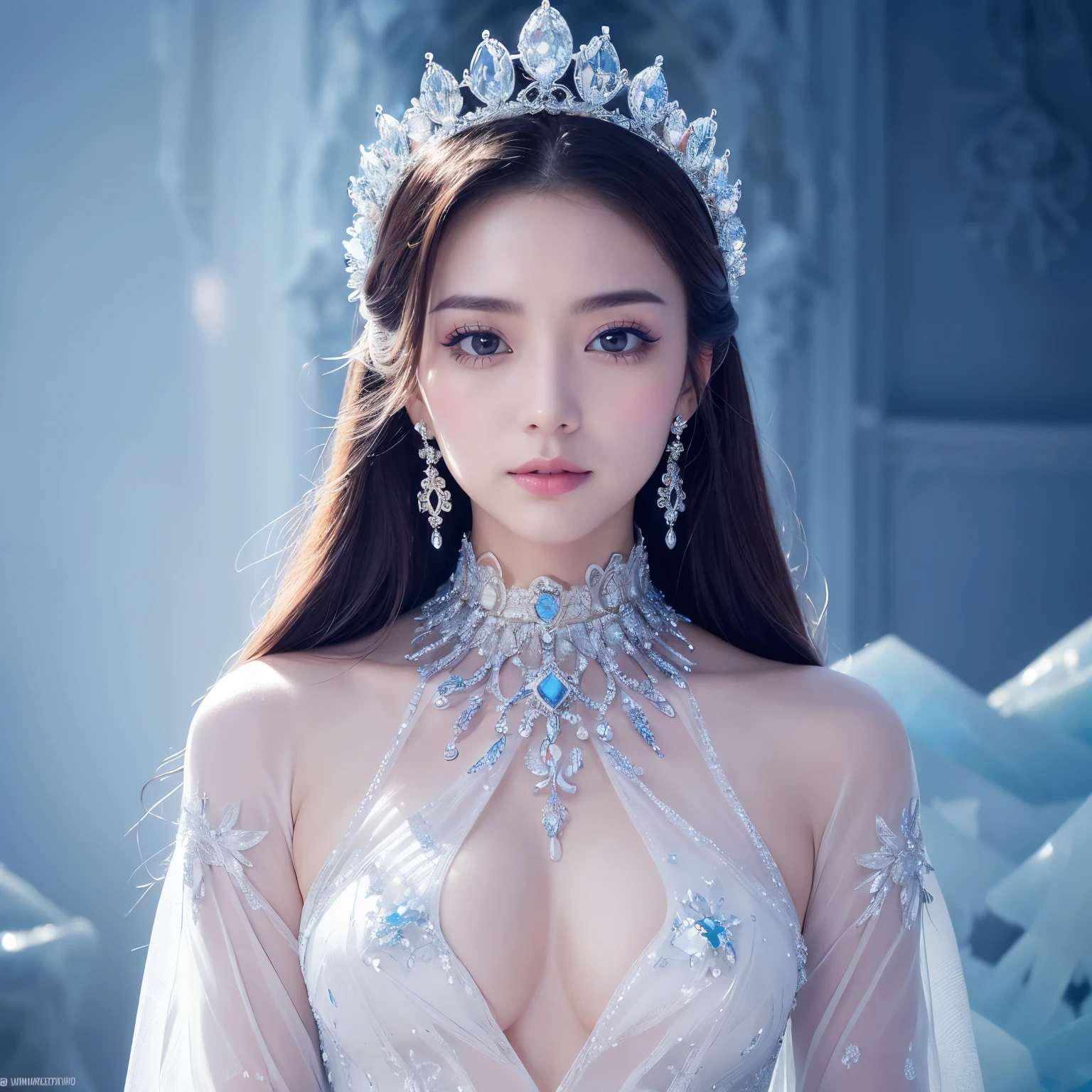 (masterpiece、highest quality、best image quality、8K、Award-winning work)、one goddess、(The most extravagant, sparkling, high-end gigantic costume:1.1)、(The most luxurious and highest quality giant tiara:1.1)、(The most luxurious and highest quality giant necklace:1.1)、(Beautiful white and purple gradation finest goddess costume:1.2)、(Goddess costume with the finest decorations shining in white and purple:1.1)、(Finest goddess costume with perfect white and purple gradation:1.1)、upper body photo、(the best smile looking at me:1.2)、big breasts、Beautiful transparent sleeves of the highest quality、(Finest transparent sleeves with jewel decoration:1.1)、expose one&#39;s shoulders、Standing gracefully、(The most luxurious palace made of ice:1.3)、(The most elaborate and luxurious ice palace cathedral:1.3)、(Inside the most mysterious giant palace made of ice:1.3)、(The most beautiful cathedral made of crystal clear ice:1.3)、(beautiful transparent ice:1.1)、(Mysterious fairy tale light blue fog:1.15)、The background is a detailed ice palace、beautiful ice ceiling、(A palace made of intricately shining transparent ice:1.2)、(Elegant palace pillars made of ice:1.05)、the most intricate and luxurious decoration、(large amount of jewelry decoration:1.1)、最もComplex and detailed background、(It&#39;s snowing:1.1)、fine sparkling snow、(Tyndall effect:1.1)、Subtle sparkling snow、epic movie lighting、perfect makeup、long eyelashes、beautiful eyeshadow、(accurate anatomy:1.1)、Natural forehead、Complex and detailed background、the most delicate shine、background with depth、low contrast、Surrounded by soft light、(body facing forward:1.1)