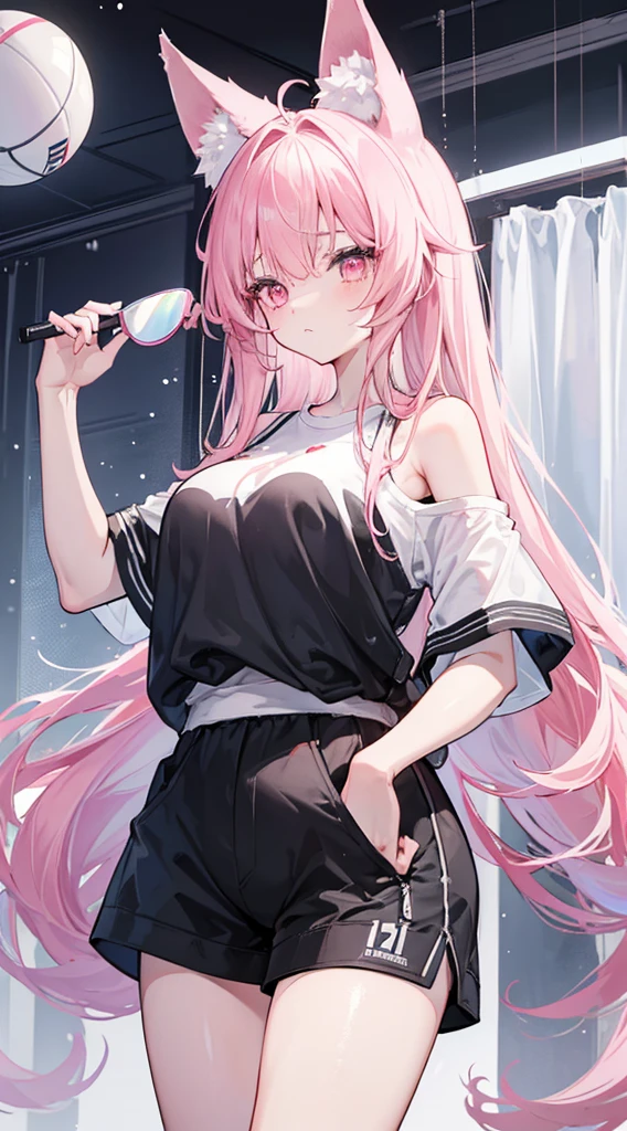 high quality, masterpiece, super detailed, 1 名girl, extremely detailed faces,fox ears,light pink long hair，Micro roll，untidy，pink eyes，girl，Hair scattered behind him，A ball head tied on the head，sloping hair curtain，He wears a very cute sunglasses on his head，White off-shoulder short sleeves，black sports shorts，，Winters，on the snow，ice tree，The shirt is soaked with sweat，huge ，protrude 