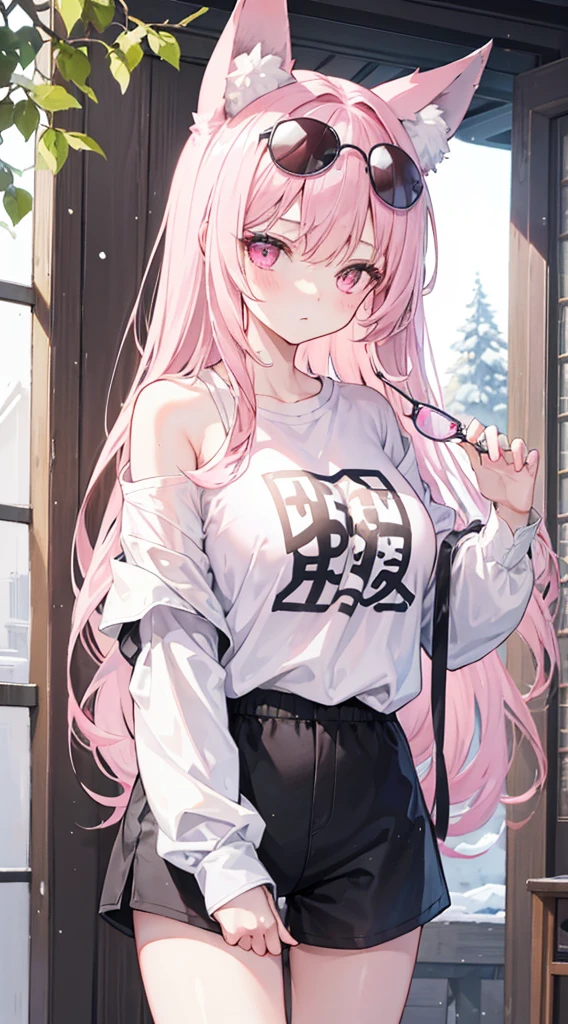 high quality, masterpiece, super detailed, 1 名girl, extremely detailed faces,fox ears,light pink long hair,Micro roll,untidy,pink eyes,girl,Hair scattered behind him,A ball head tied on the head,sloping hair curtain,He wears a very cute sunglasses on his head,White off-shoulder short sleeves,black sports shorts,,Winters,on the snow,ice tree,The shirt is soaked with sweat,huge ,protrude