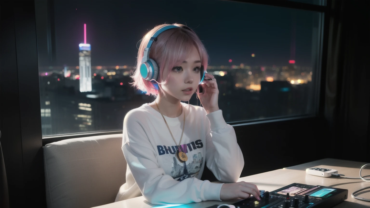 (arafed woman with headphones looking out of a window at night, girl blue glowing headphonesを着用している, blue glowing headphones, With headphones glowing blue, lofi girl, with headphones, lofi portrait at a window, dreamy cyberpunk girl, listen to music, wearing headphones, Headphones On, Cute girl with pink short hair, white glowing headphones, headphones dj rave, listen to music at 2 am, cyberpunk atmosphere,silver and green long sleeve sweatshirt,She is wearing a cyberpunk multicolored top from a top brand,You sit in a high-rise building room, where the dazzling cityscape at night spreads out from the full-length windows. The room is filled with dazzling LED lights, and the window frames radiate white, blue, and gold lights.
This charming scene、Symbolizing futuristic city life、A story that perfectly combines technology and elegance.