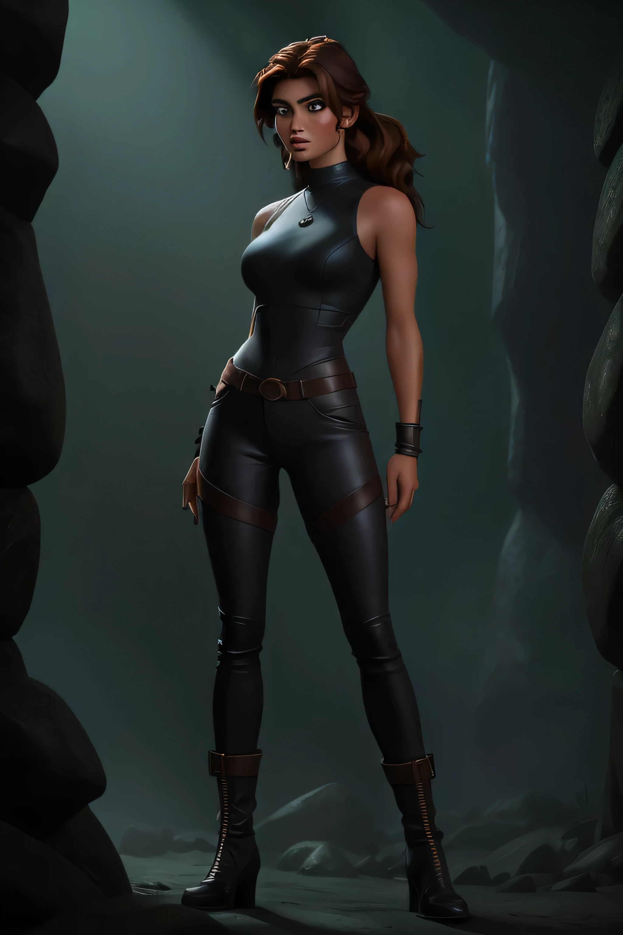 full body lara croft, long brown ponytail, brown eyes, high arched eyebrows, red lips, big breast, black leather pants, tight sleeveless green torn spotted leotard leather boots in dark mystical cave, (realistic, photorealistic, photorealistic:1.37), horror, dark and gloomy atmosphere with dramatic lighting, dull colors, Foggy environment,