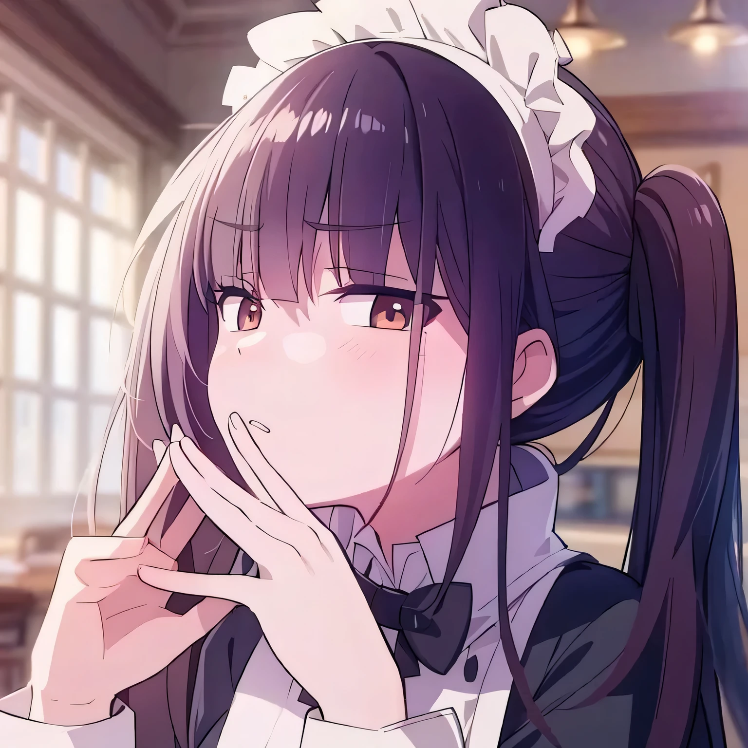 high quality, masterpiece. girl. maid clothes. Brown hair. Brown eyes. folded arms. narrow eyes. students look away. An indifferent face. against the backdrop of the cafe hall.